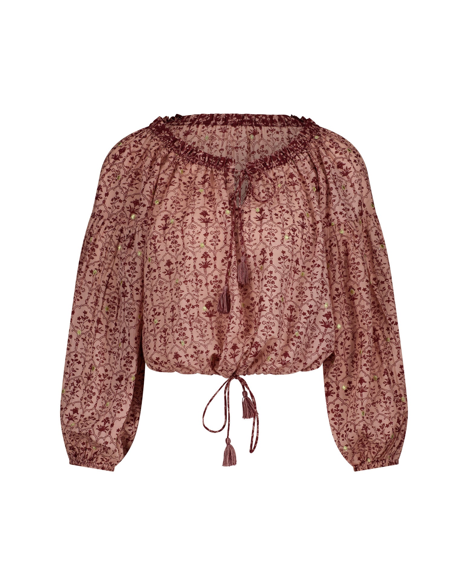 Lakoen Emile Peasant Blouse in printed cotton in rose pink & Burgundy hues with delicate gold lurex embroidered dots - slow fashion - hand-crafted - ethically made