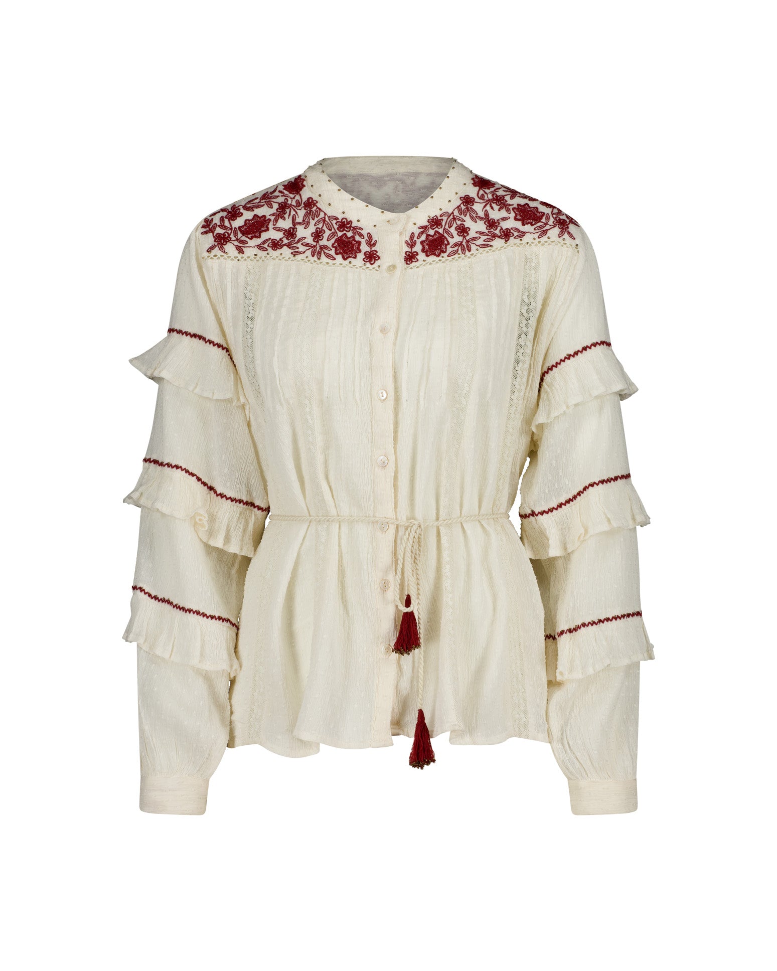 Lakoen Anais Blouse in white soft cotton with lace insets, ruffled bishop sleeves, shirring and burgundy embroidery