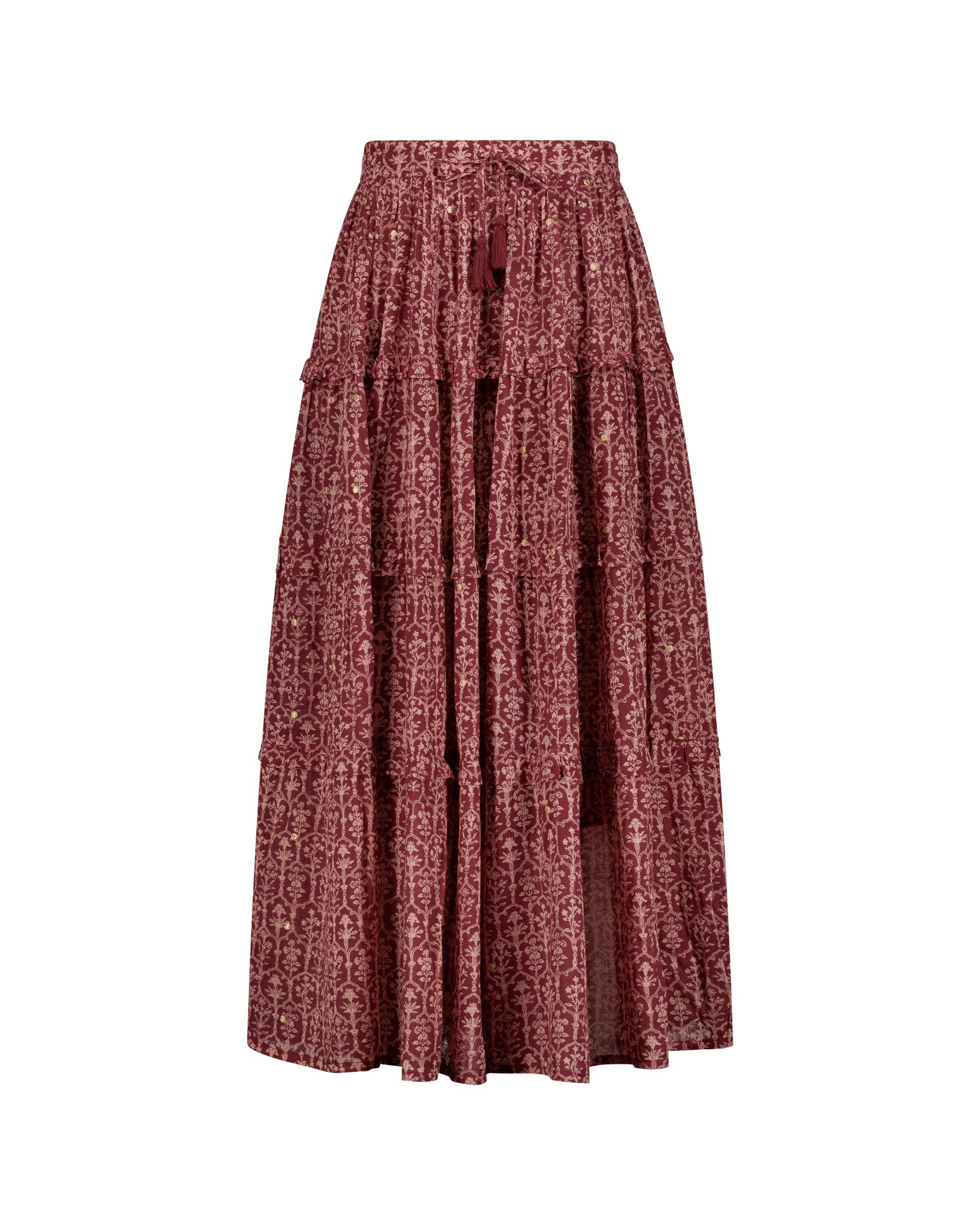 LAKOÈN tiered Emile Maxi Skirt on a white background. Crafted from fine cotton with a delicate block-inspired print in rose and rich burgundy hues, adorned with shimmering gold embroidered dots. Emory blouse - slow-luxury - hand-crafted - bohemian - ethically-made