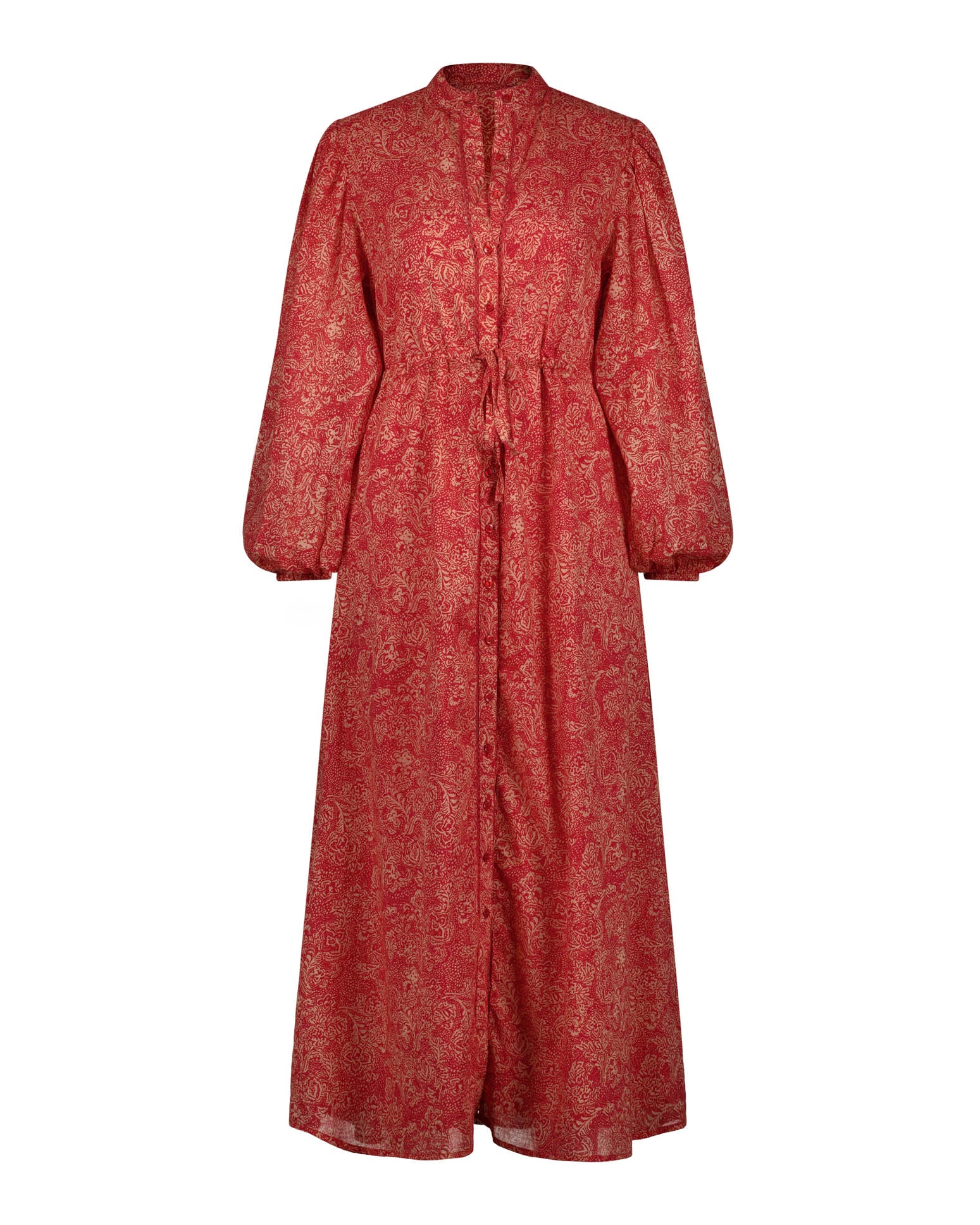 Lakoen Sylvie shirtdress with bishop sleeves and gathered waist, in viscose lurex red and gold paisley