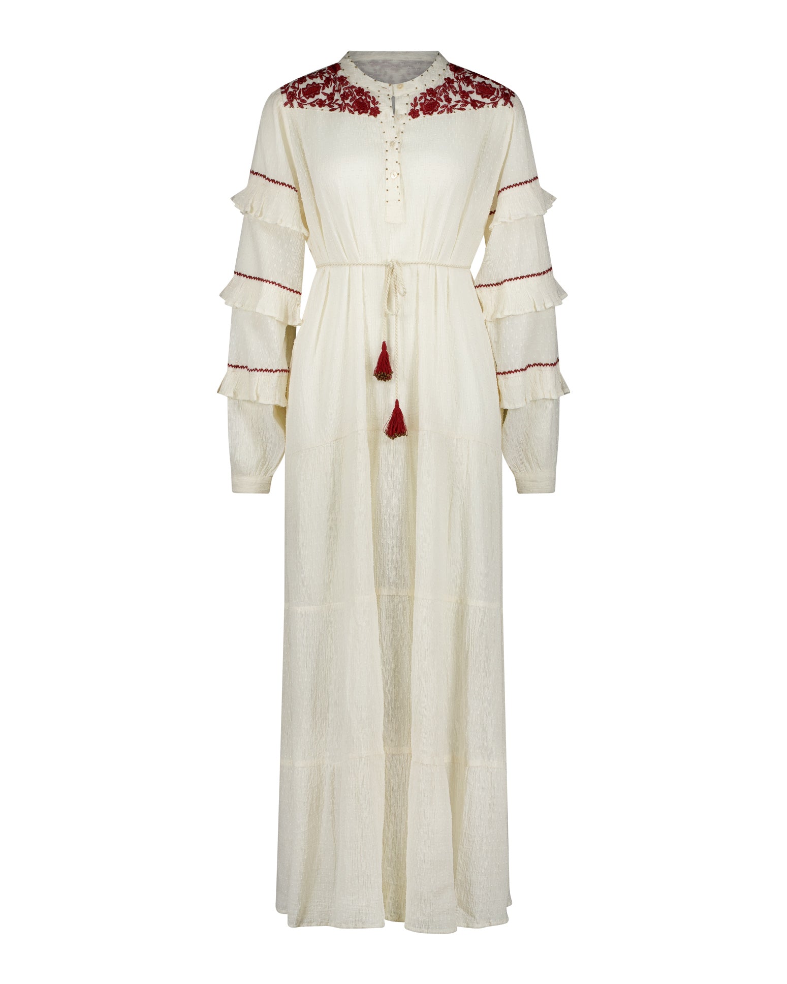 Lakoen Anais Dress in white cotton dobby with floral embroidery in burgundy and frilles bishop sleeves