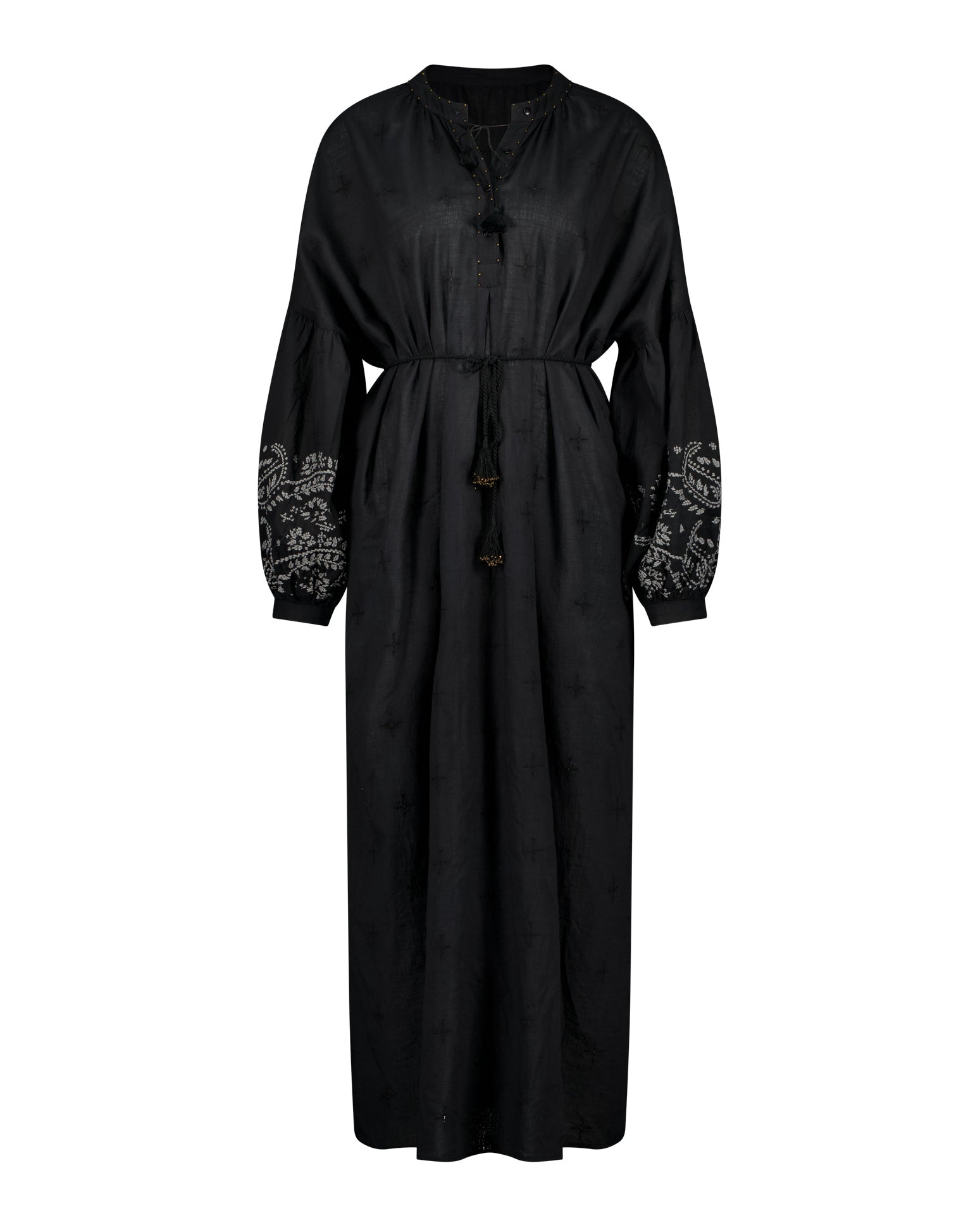 Lakoen Celeste caftan style Dress in black cotton with off white paisley embroidery and full bishop sleeves