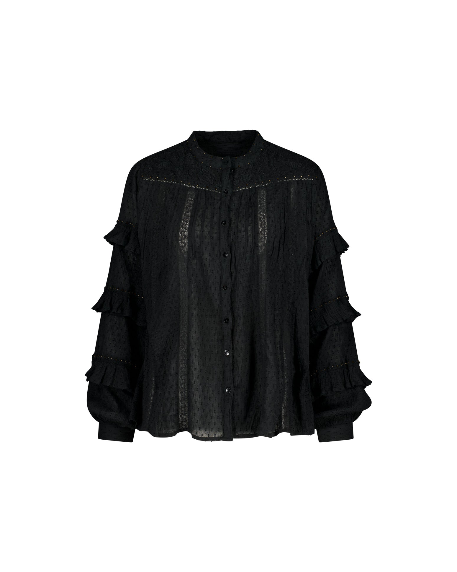 Lakoen Anais Blouse in black soft cotton with lace insets, ruffled bishop sleeves, shirring and tonal embroidery
