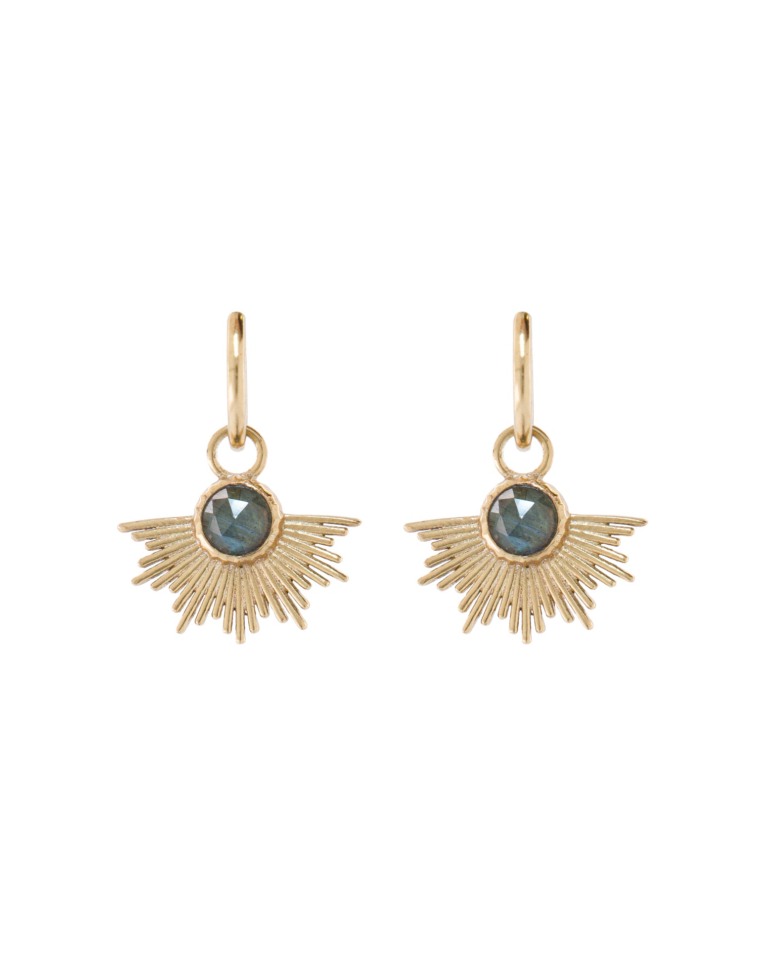 Lakoen Celeste earrings in polished brass with faceted labradorite and a halo of brass strands. Clear plated