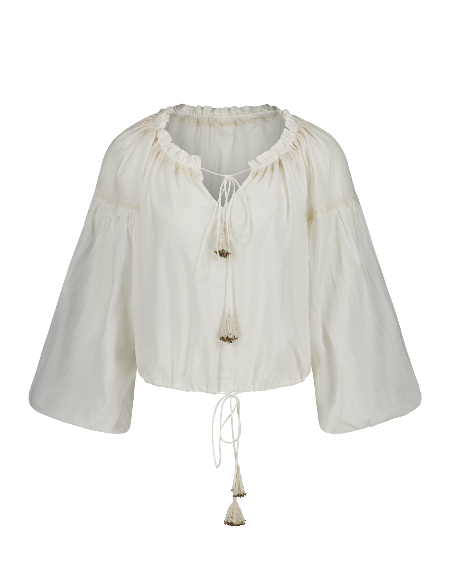 Lakoen Emory Blouse in soft white cotton with drawstring neckline and waist and 3/4 sleeves