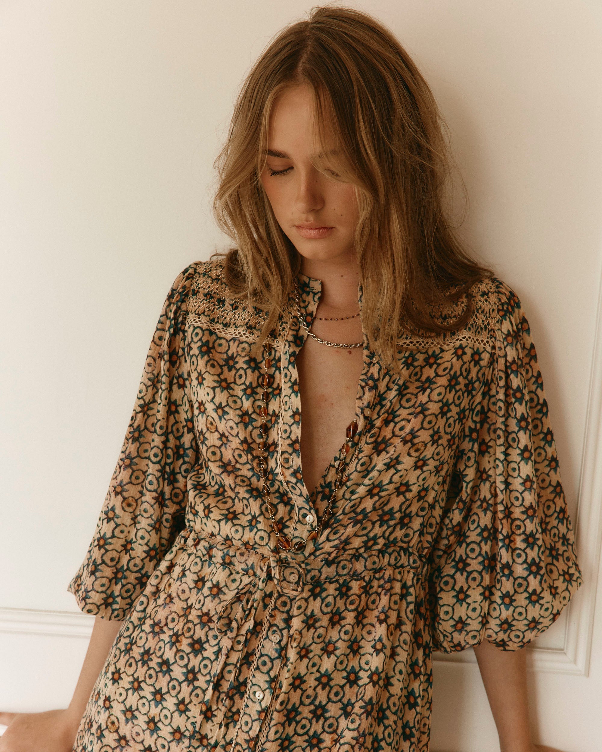 Lakoen Laurent shirtdress in odyseey star print cotton with full bishop sleeves and adjustable waist