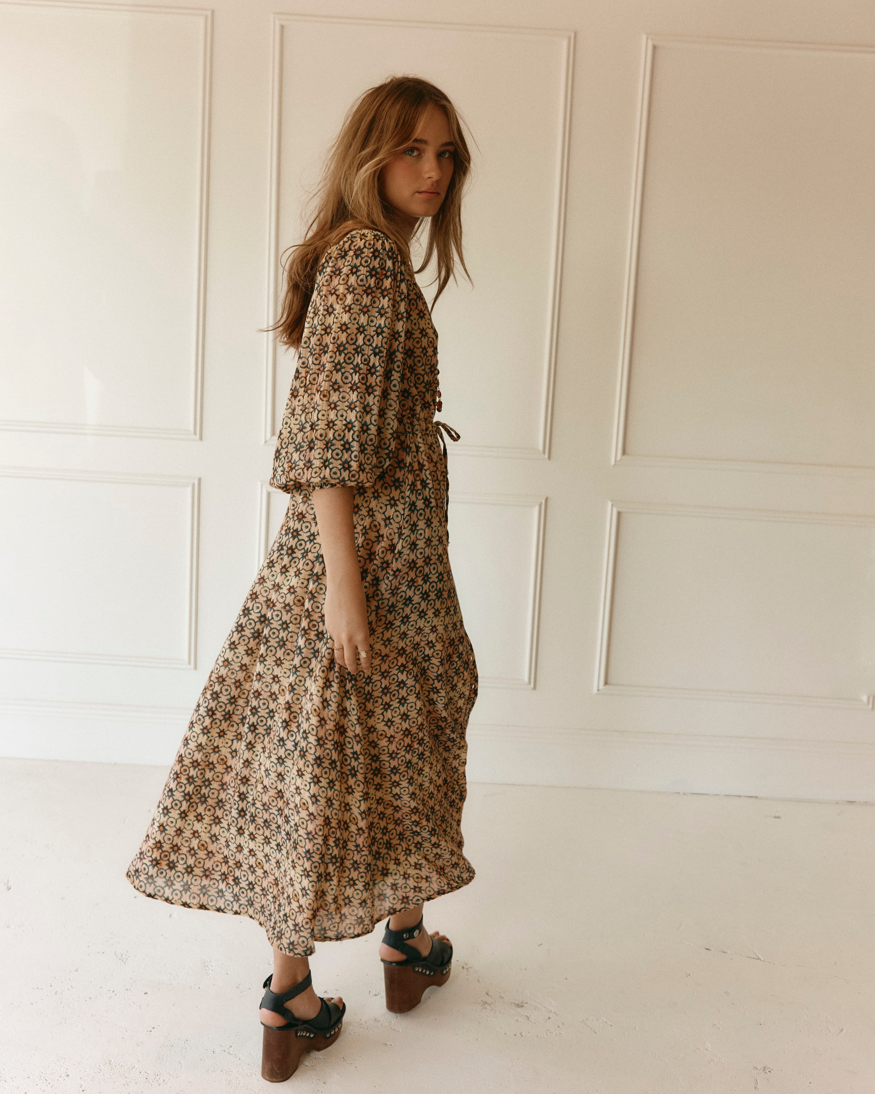 Lakoen Laurent shirtdress in odyseey star print cotton with full bishop sleeves and adjustable waist