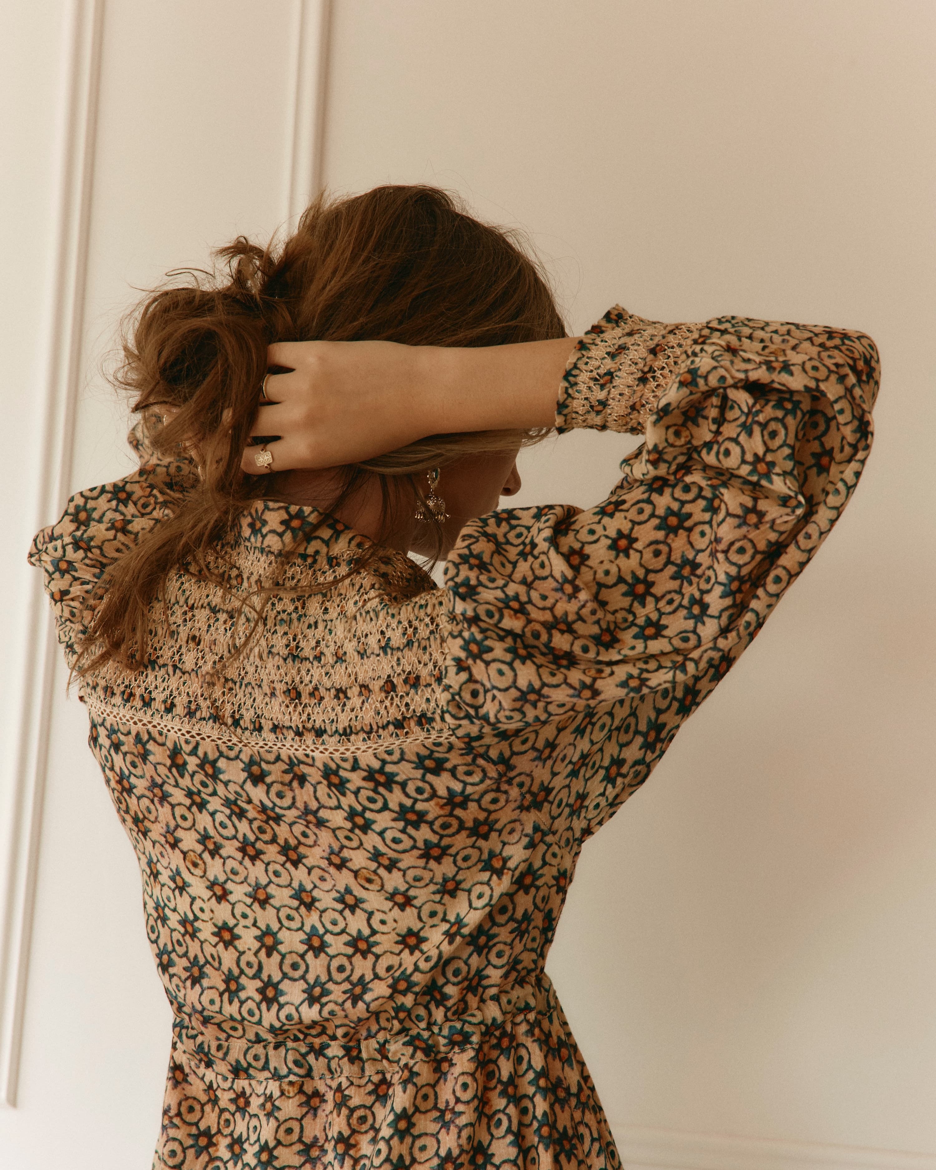 Lakoen Laurent shirtdress in odyseey star print cotton with full bishop sleeves and adjustable waist