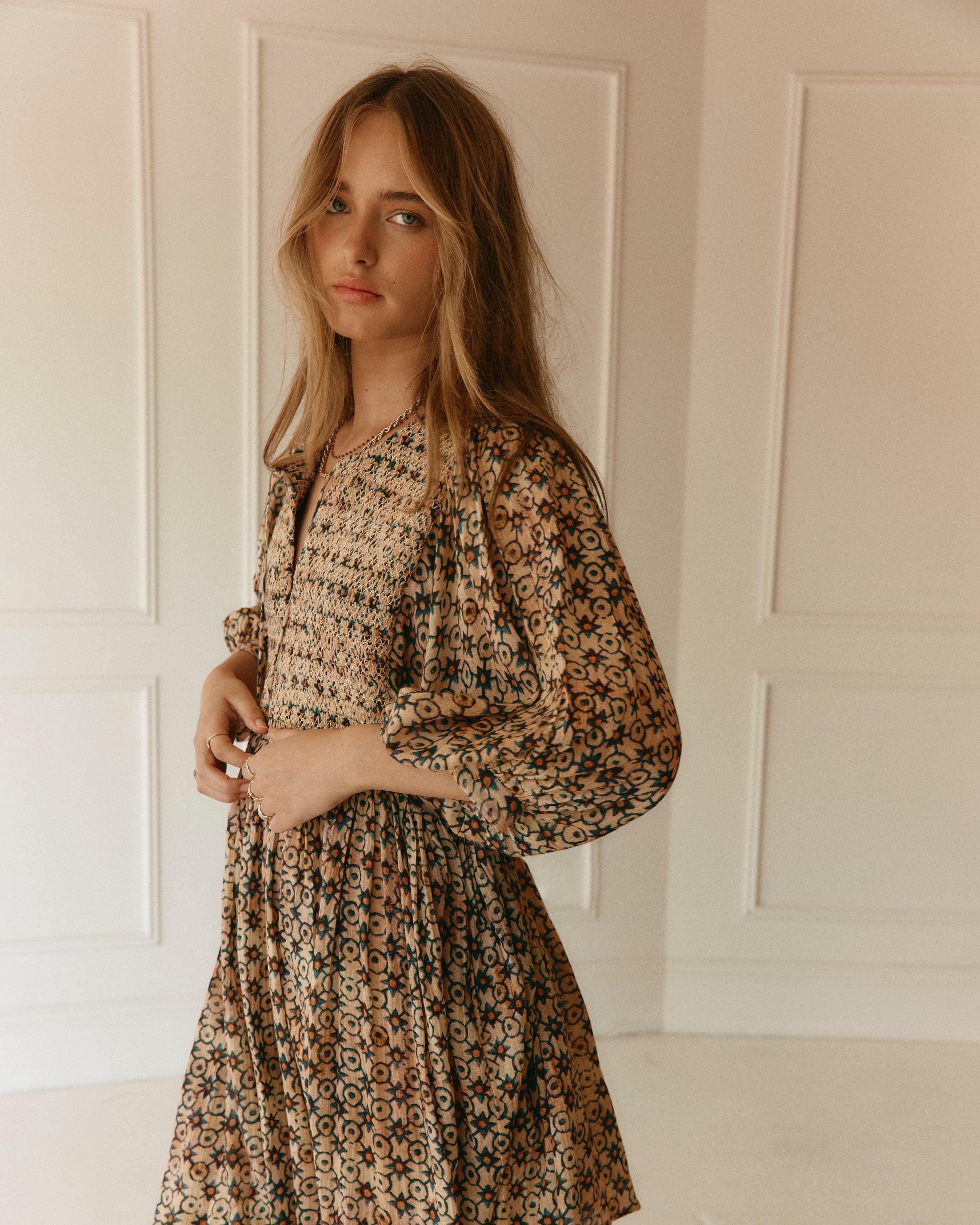 Lakoen Laurent Mini Dress In odyssey print fine cotton with full sleeve and gathered skirt