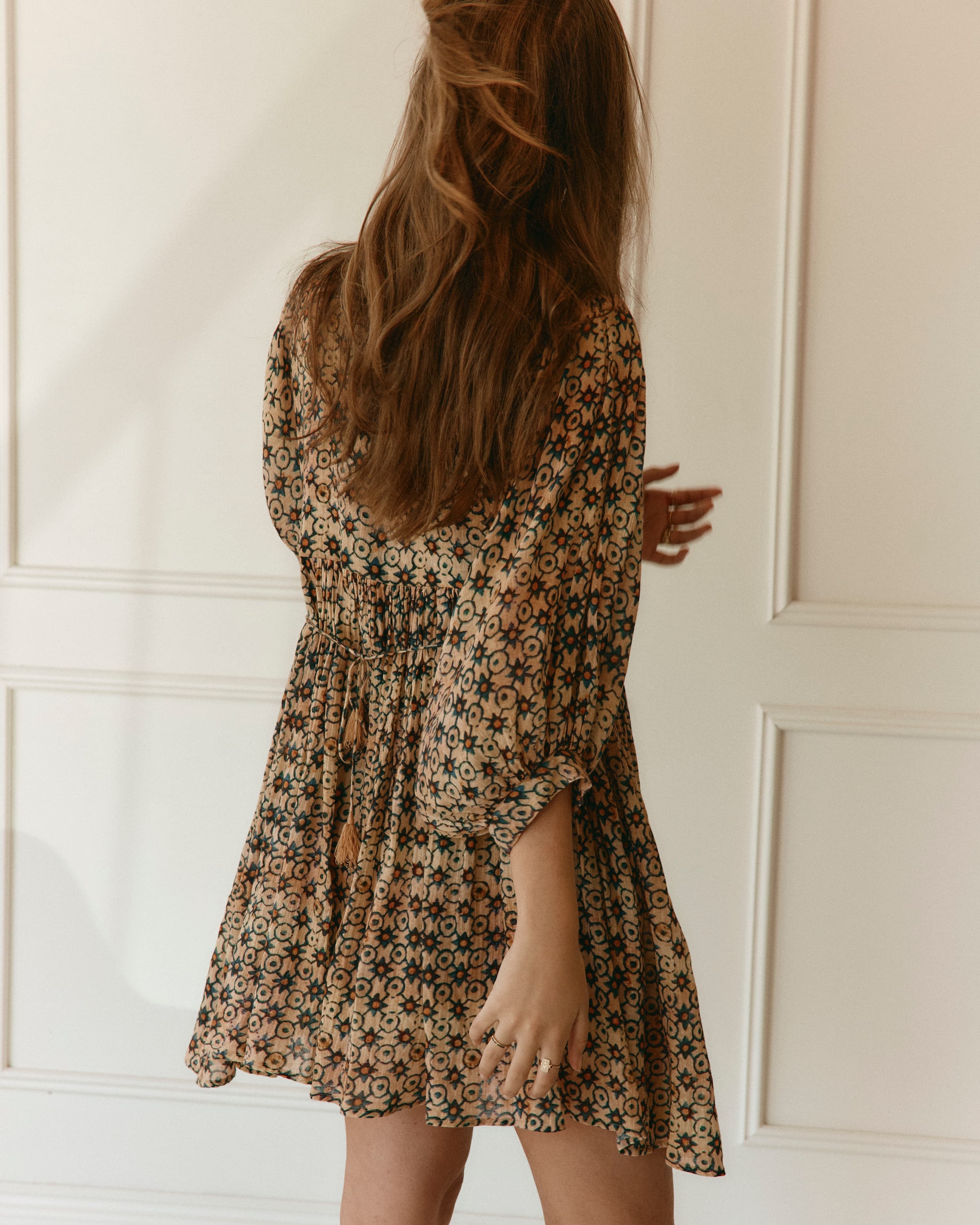Lakoen Laurent Mini Dress In odyssey print fine cotton with full sleeve and gathered skirt