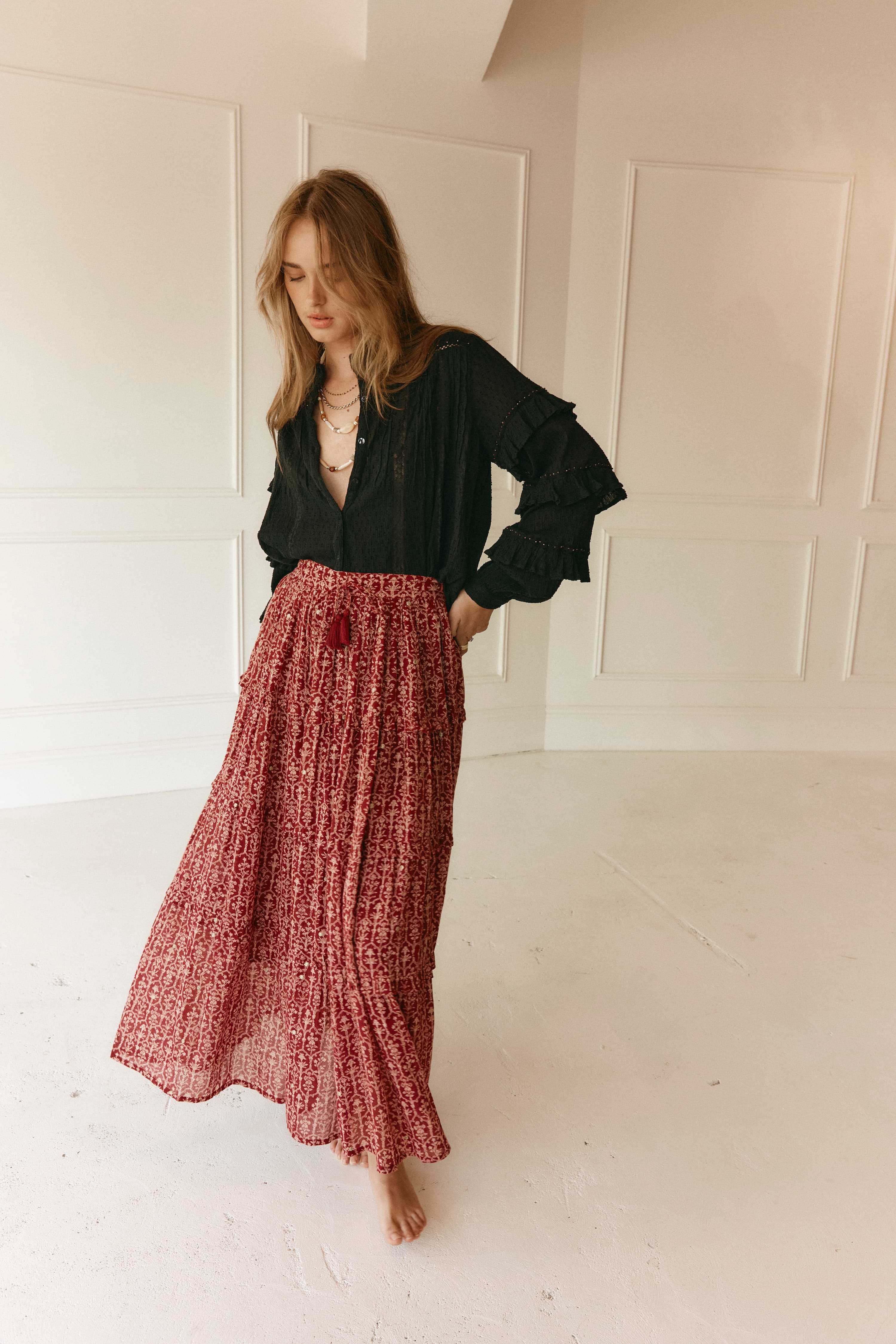 Lakoen Anais Blouse in black soft cotton with lace insets, ruffled bishop sleeves, shirring and tonal embroidery