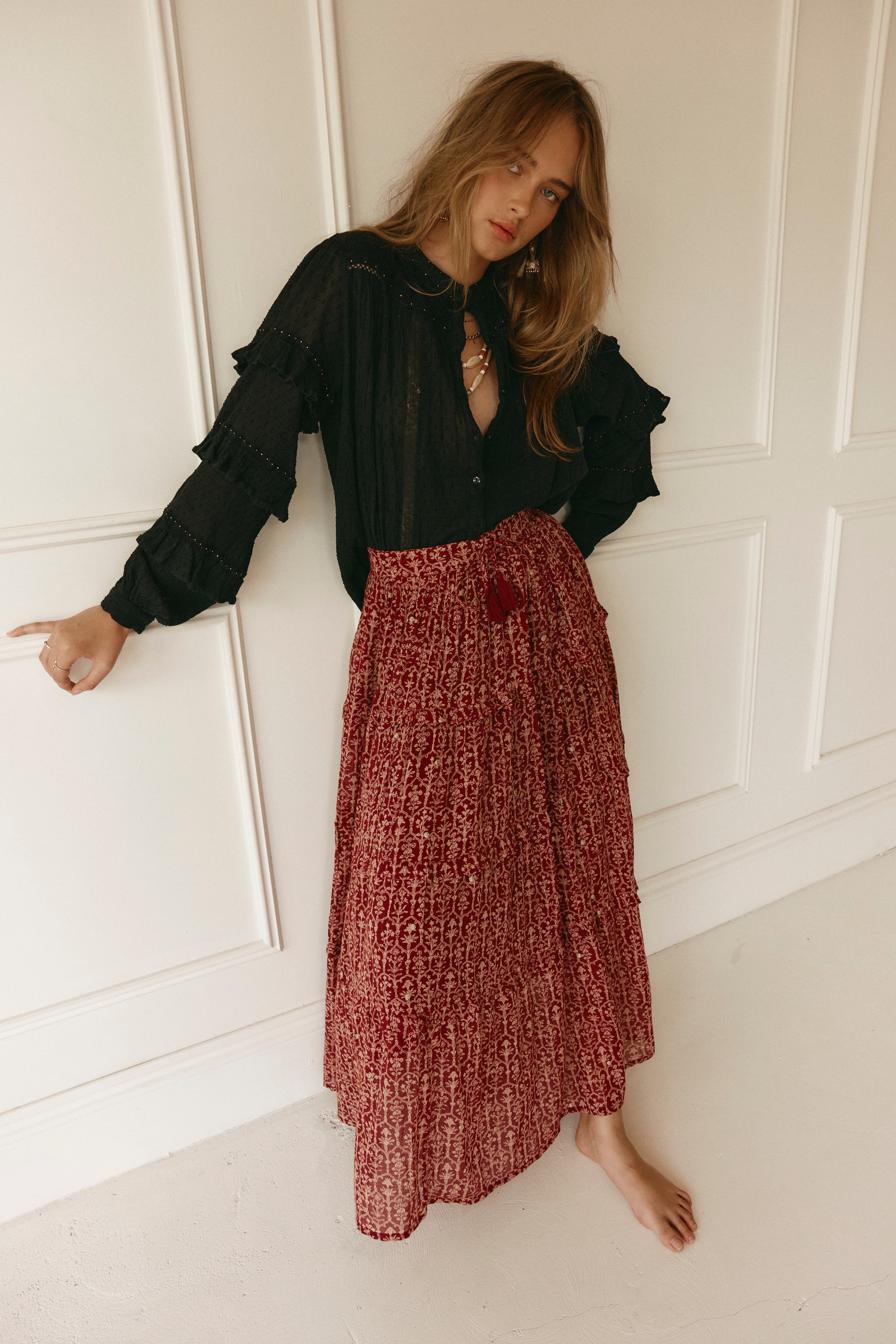 Lakoen Anais Blouse in black soft cotton with lace insets, ruffled bishop sleeves, shirring and tonal embroidery
