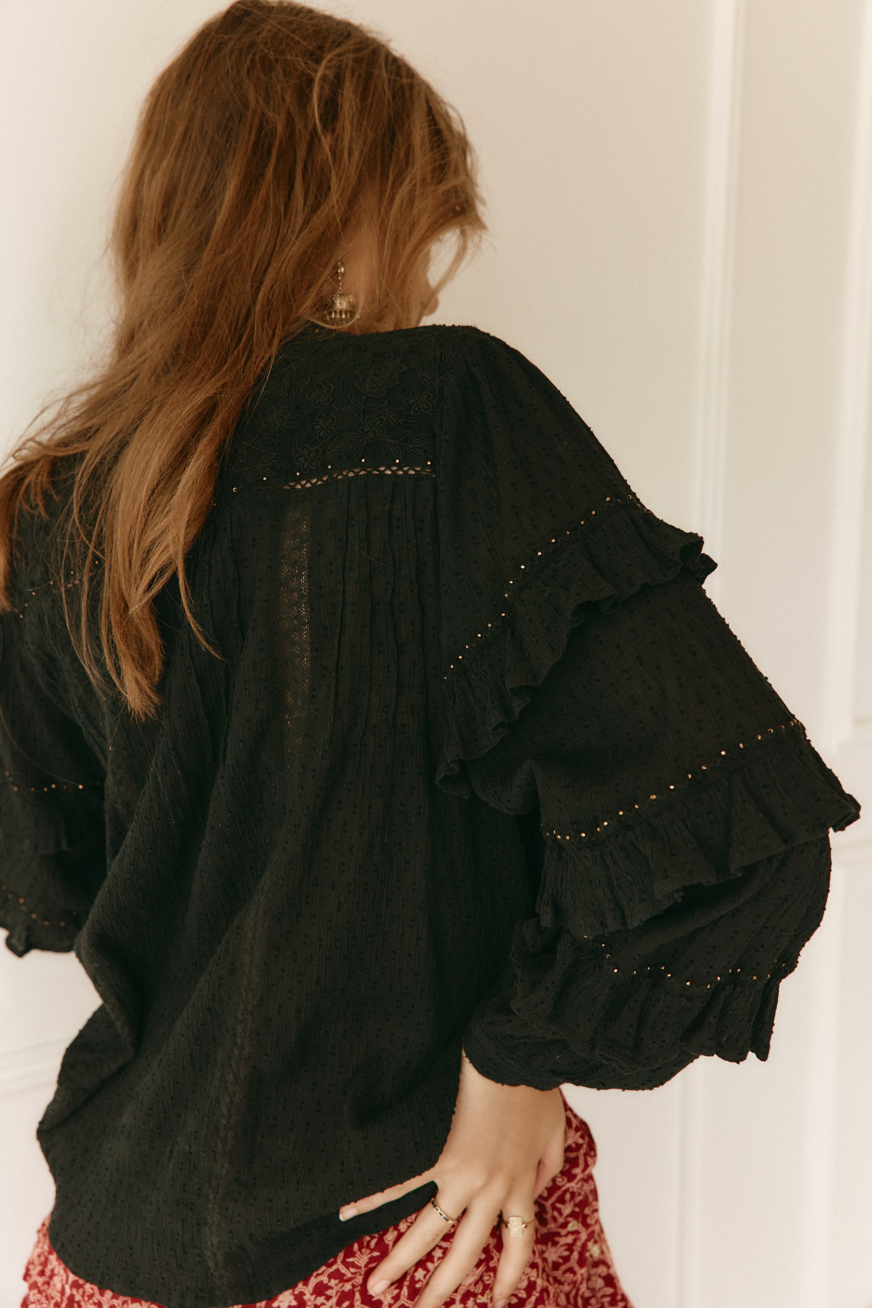 Lakoen Anais Blouse in black soft cotton with lace insets, ruffled bishop sleeves, shirring and tonal embroidery