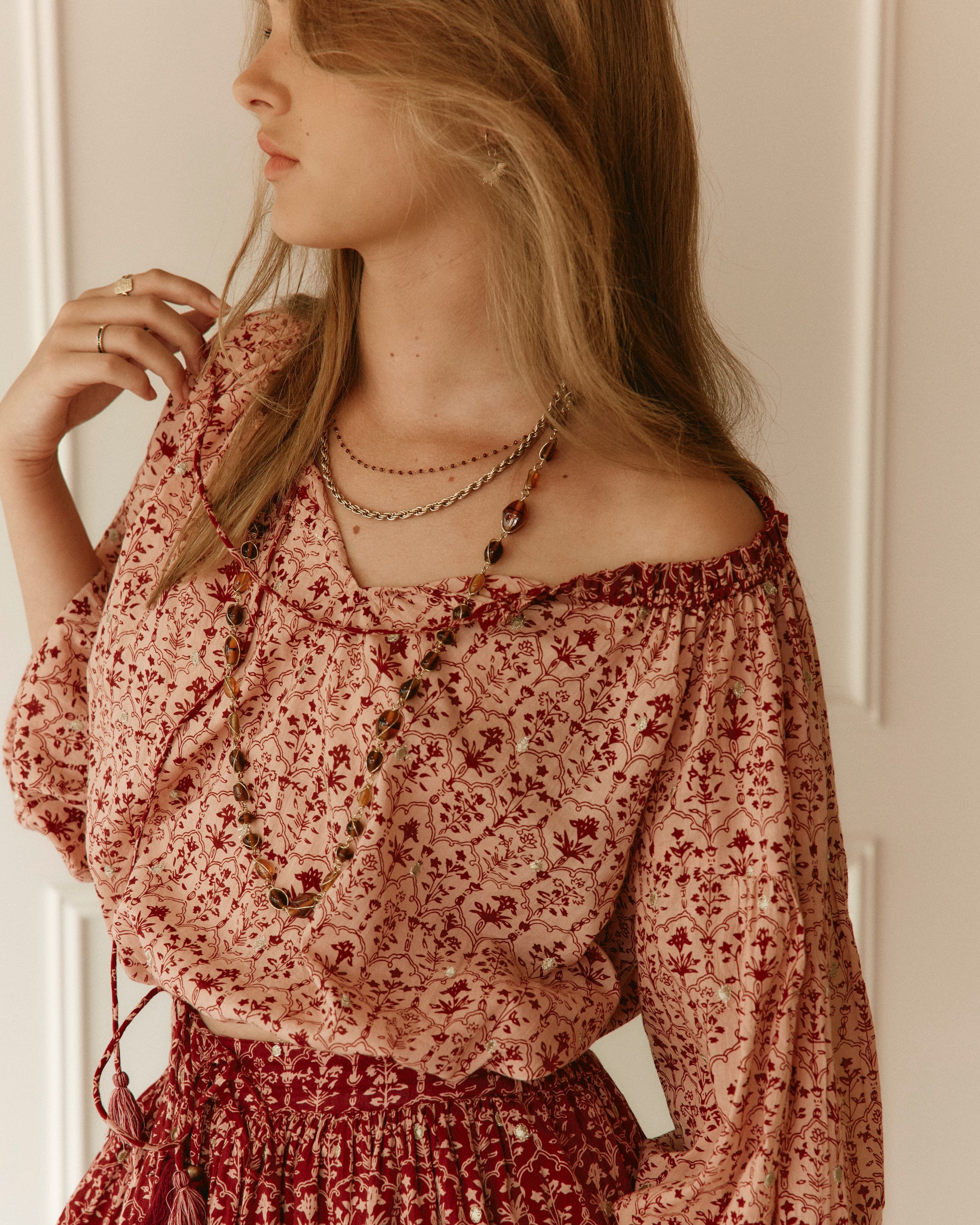 Lakoen Emile Peasant Blouse in printed cotton in rose pink & Burgundy hues with delicate gold lurex embroidered dots - slow fashion - hand-crafted - ethically made