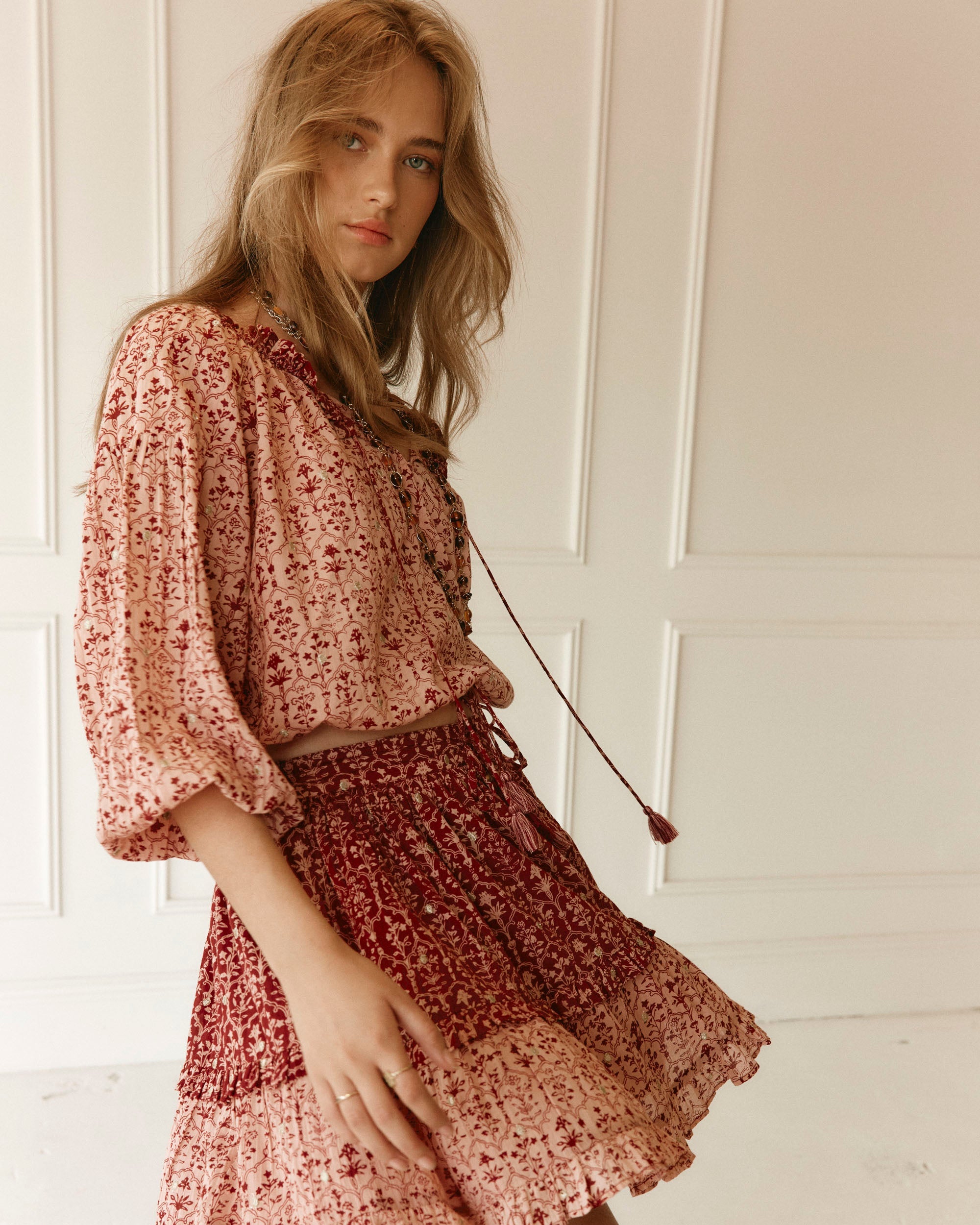 Lakoen Emile Peasant Blouse in printed cotton in rose pink & Burgundy hues with delicate gold lurex embroidered dots - slow fashion - hand-crafted - ethically made