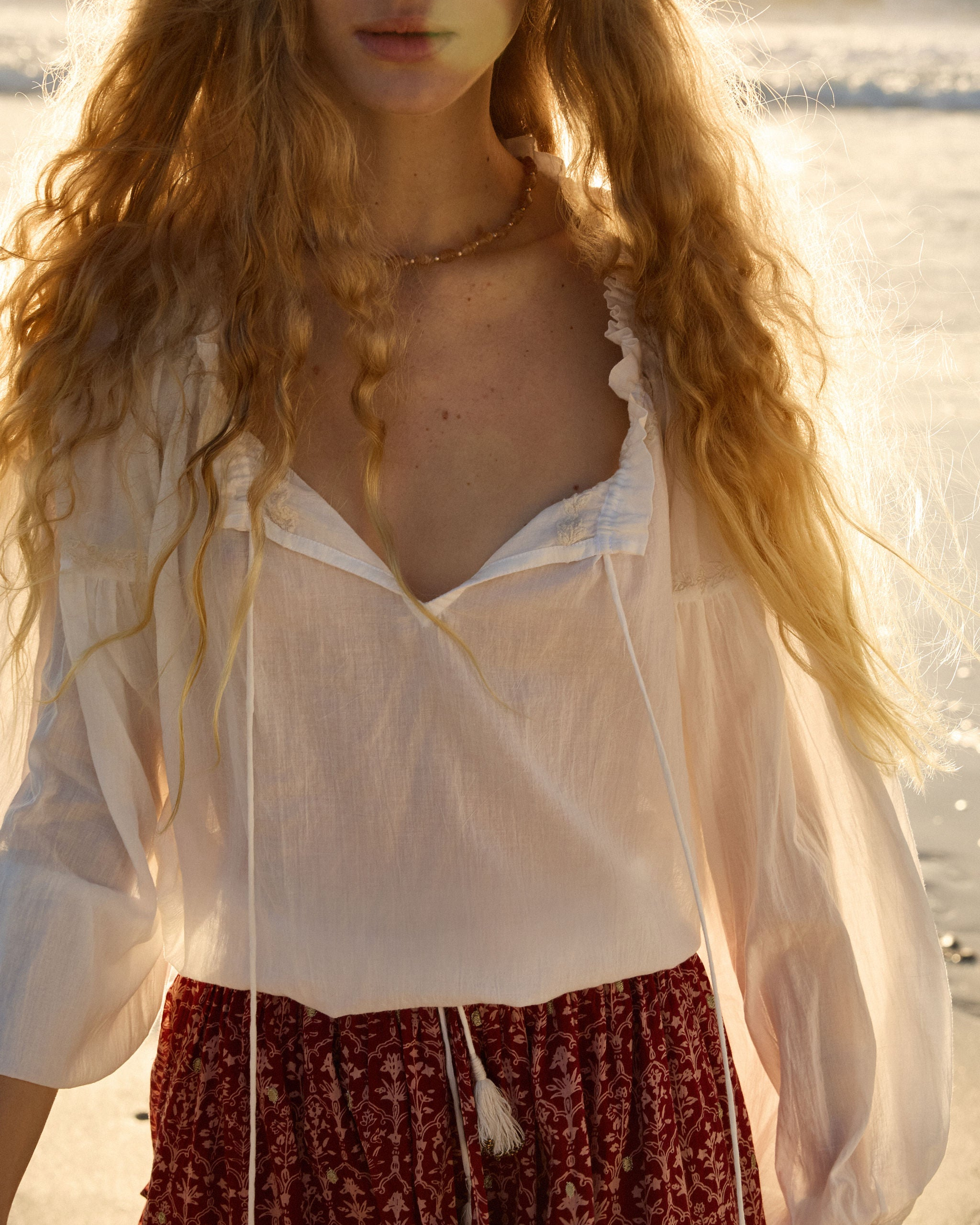 Lakoen Emory Blouse in soft white cotton with drawstring neckline and waist and 3/4 sleeves