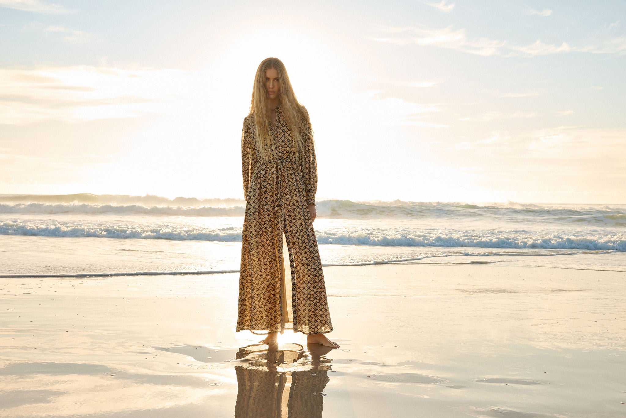 Lakoen Laurent shirtdress in odyseey star print cotton with full bishop sleeves and adjustable waist