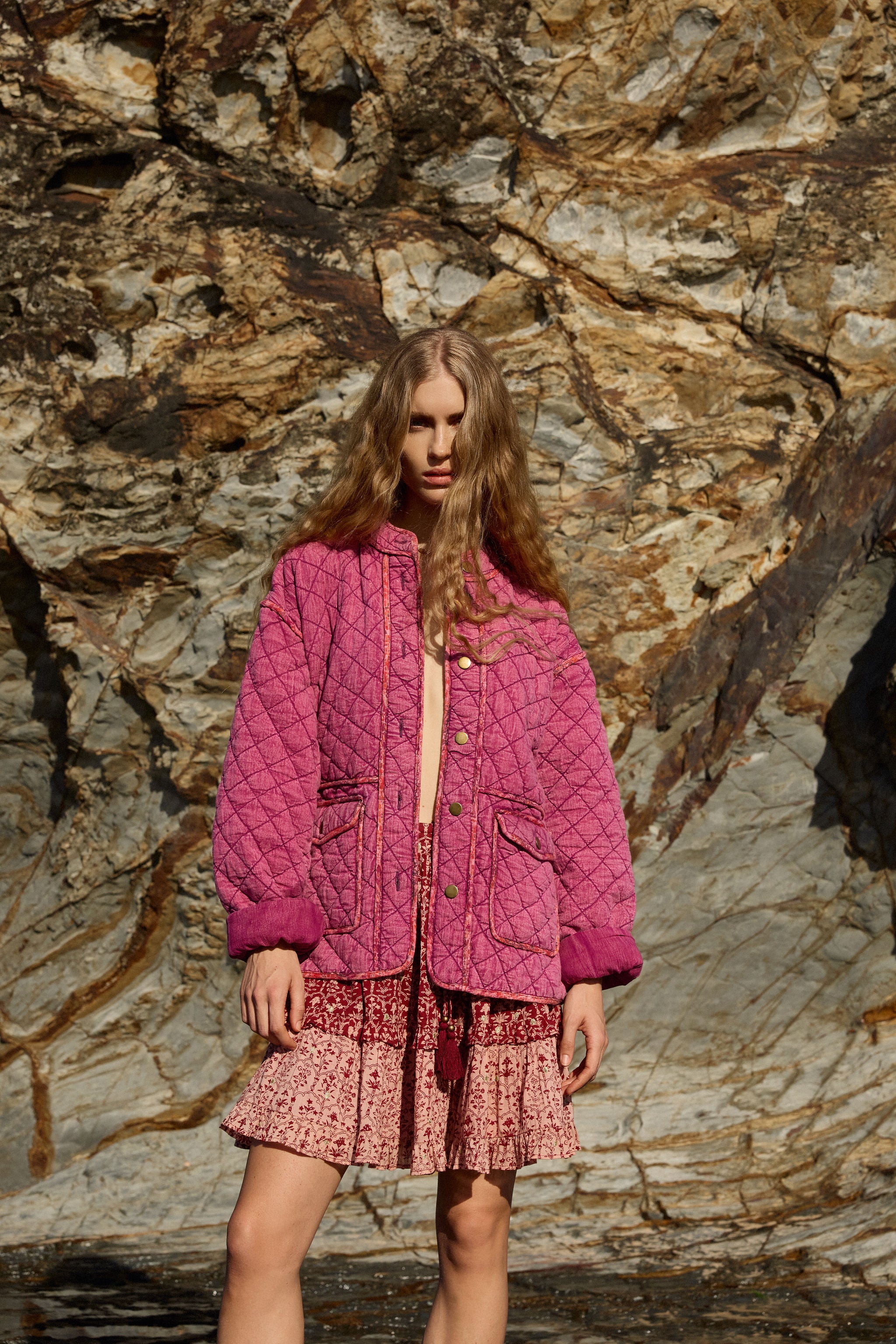 Lakoen Frankie jacket in quilted fushia cotton with brass buttons