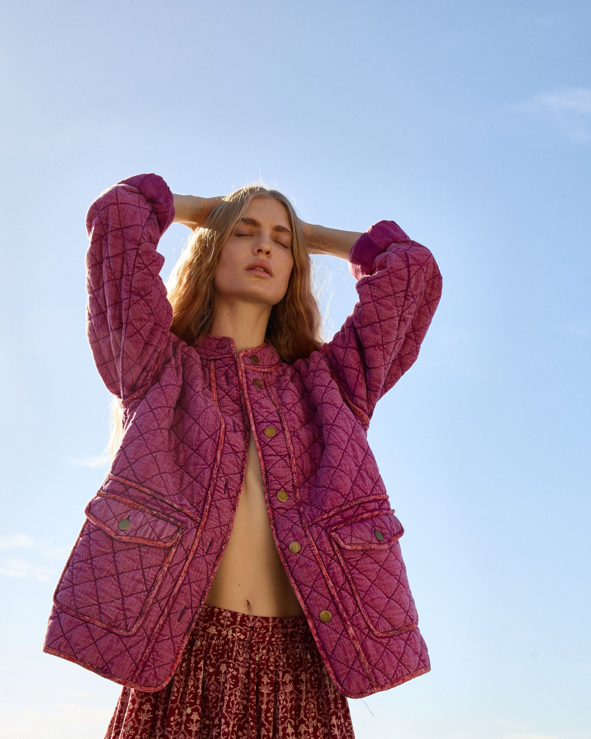 Lakoen Frankie jacket in quilted fushia cotton with brass buttons