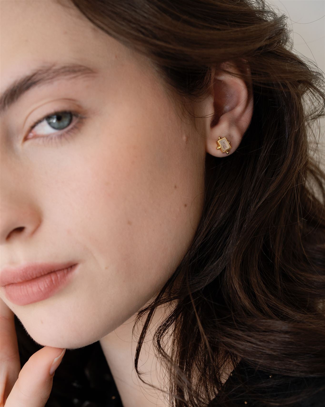 Orla Studs Lakoen rainbow moonstones set in gold plated brass