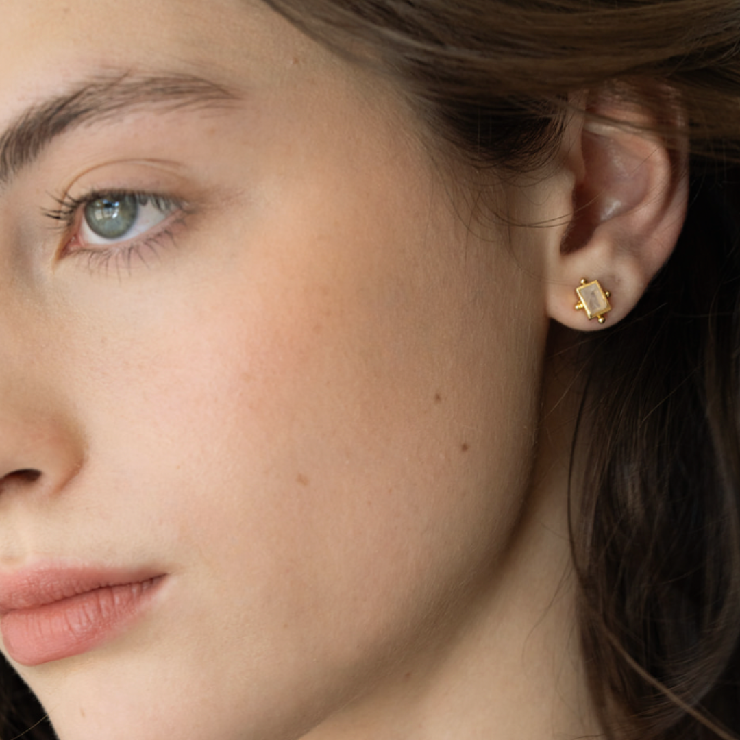 Orla Studs Lakoen rainbow moonstones set in gold plated brass