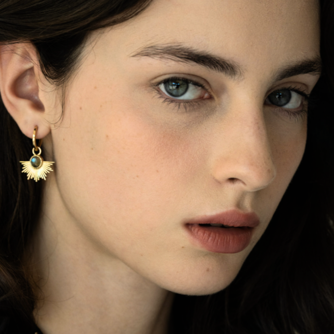 Lakoen Celeste earrings in polished brass with faceted labradorite and a halo of brass strands. Clear plated
