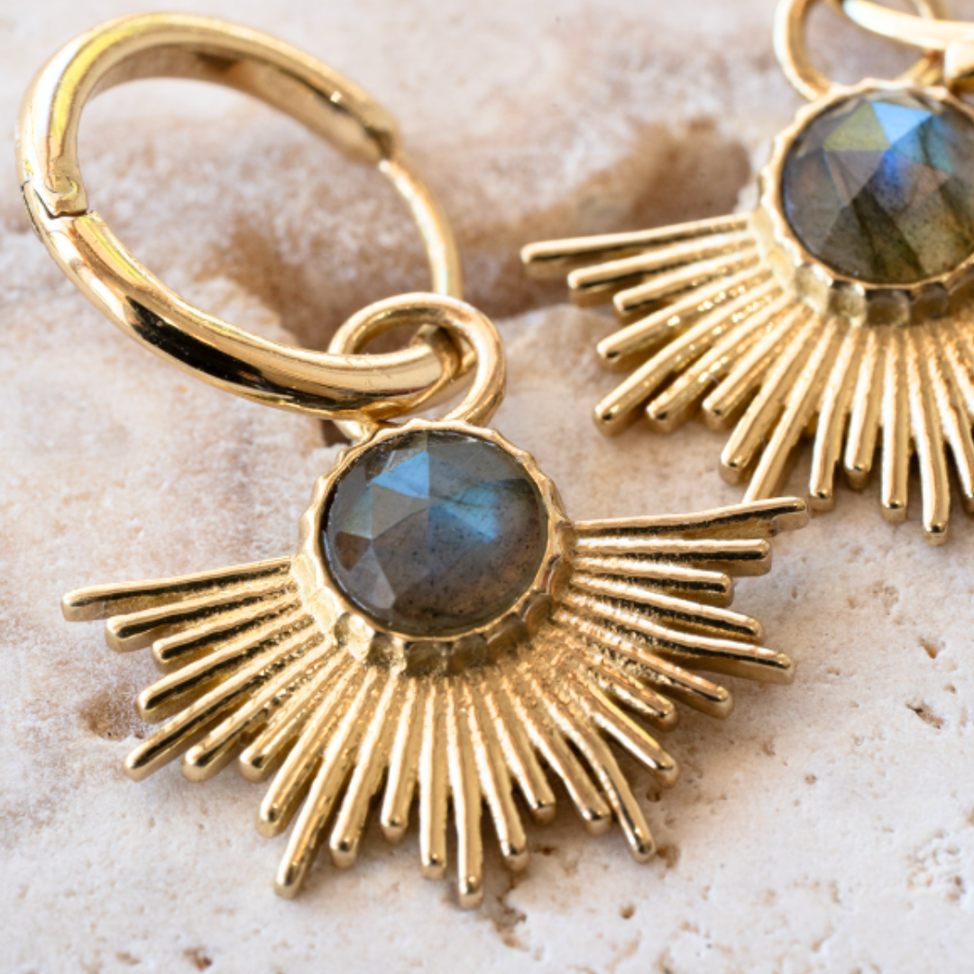 Lakoen Celeste earrings in polished brass with faceted labradorite and a halo of brass strands. Clear plated