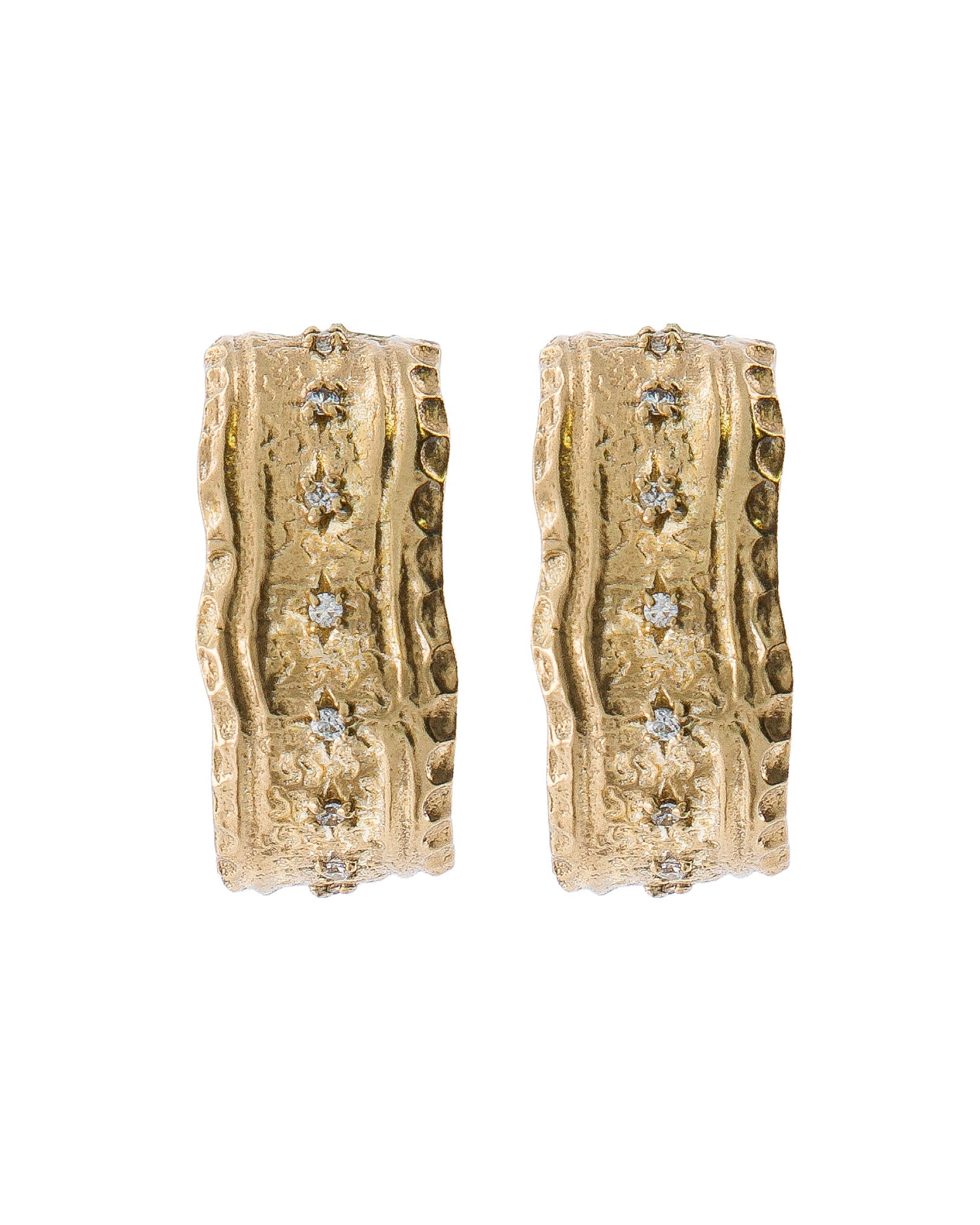 Lakoen Brass textured inca hoops with inset cubic zirconia stars and clear e-plating