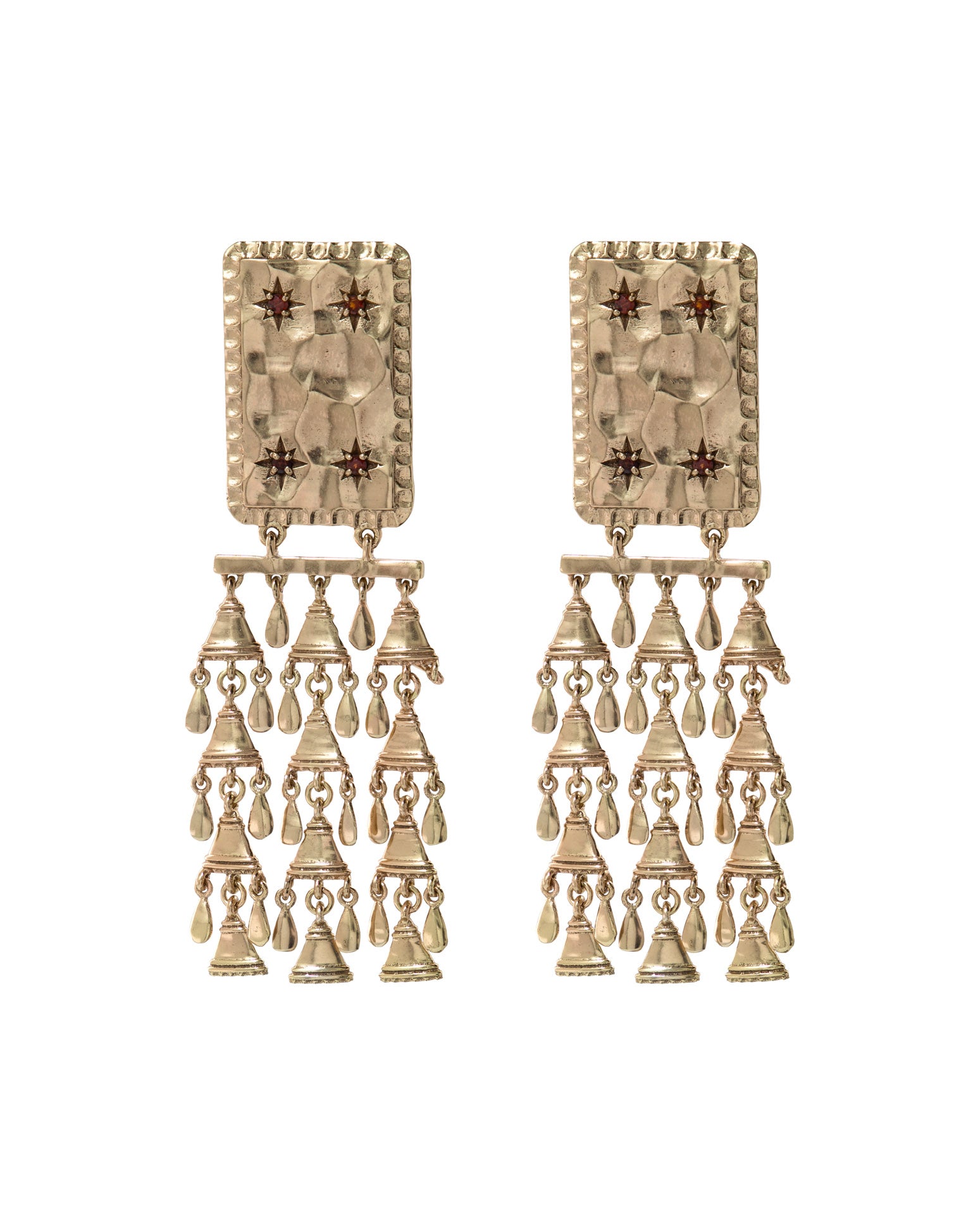 Lakoen Indira Drop earrings in recycled brass with clear plating. Set with red garnets.