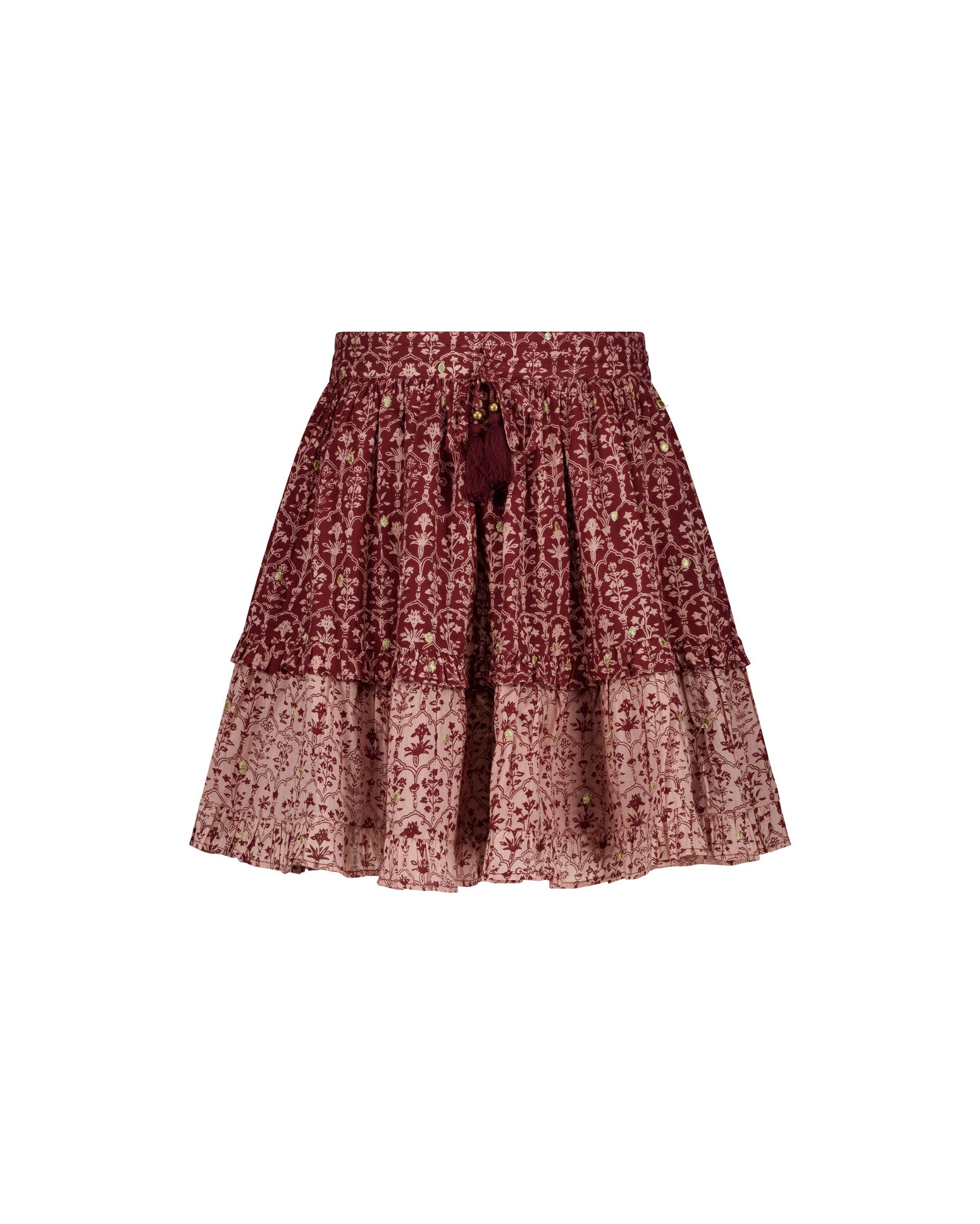 lakoen soft cotton Emile tiered mini skirt in rose and rich merlot block-inspired print and embroidered gold dots