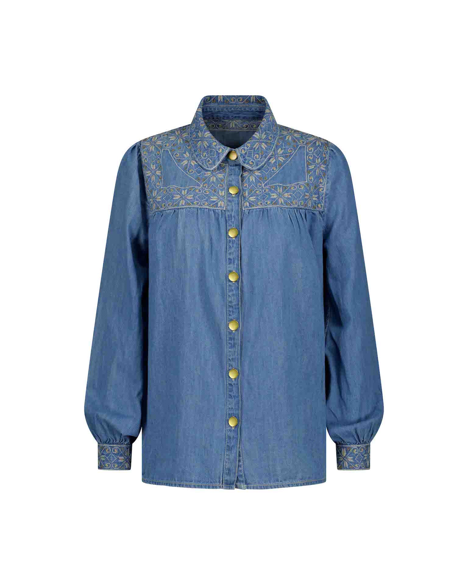 Lakoen denim dahlia blouse with embroidered yoke and brass buttons