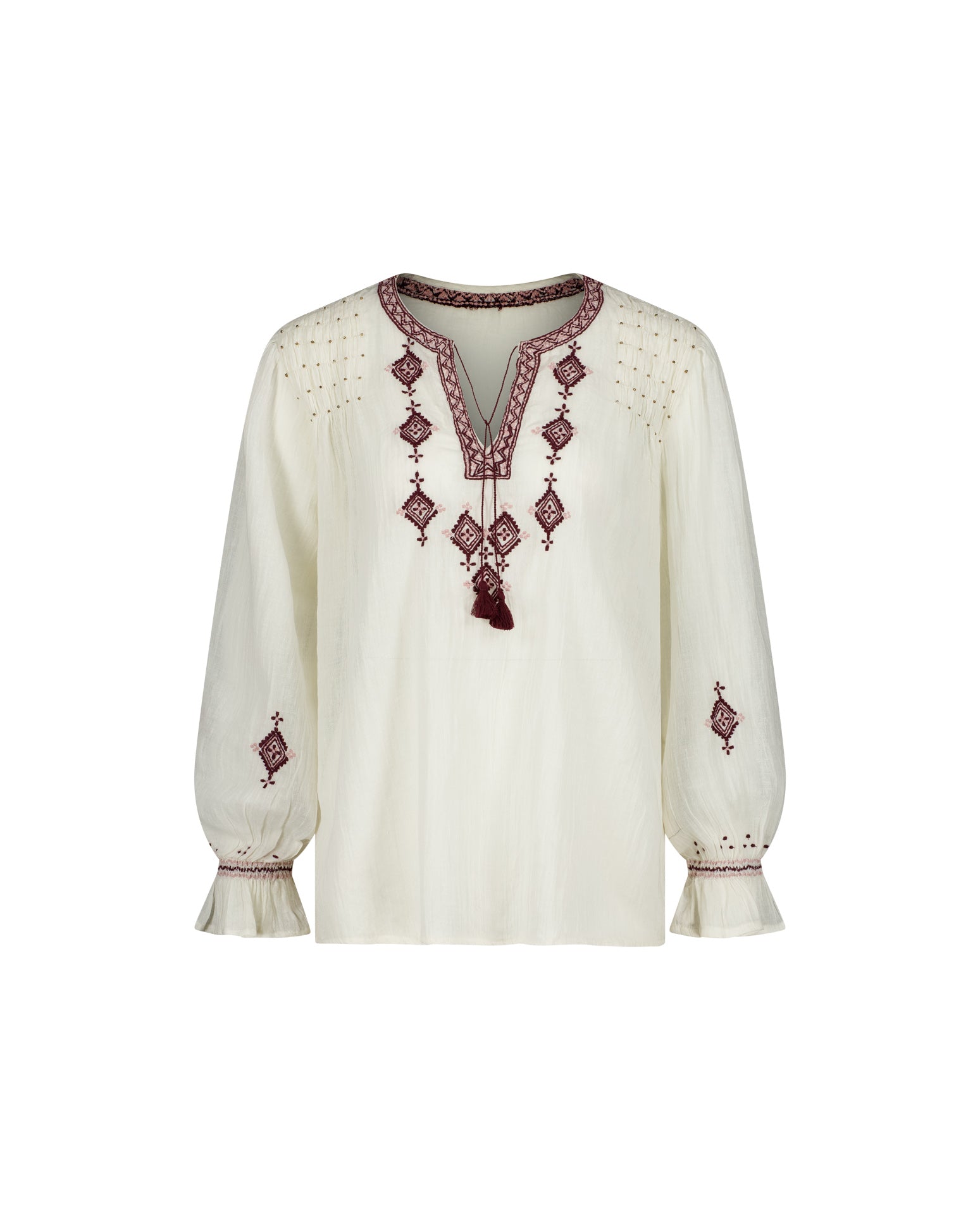 Lakoen Somi Blouse in white cotton with burgundy embroidery and hand-beaded shirring detail