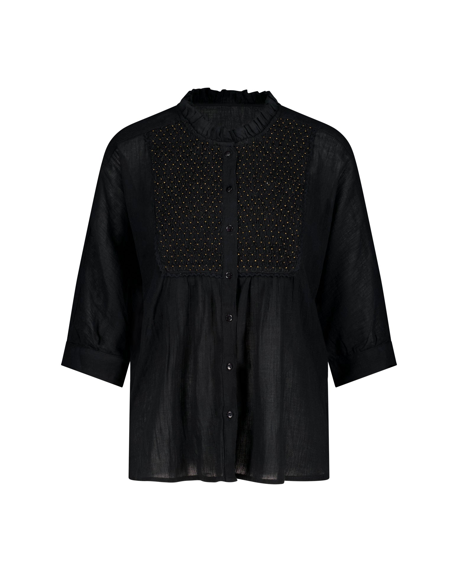 Lakoen Yuki Blouse in Black smocked cotton with gold delicate hand-beading