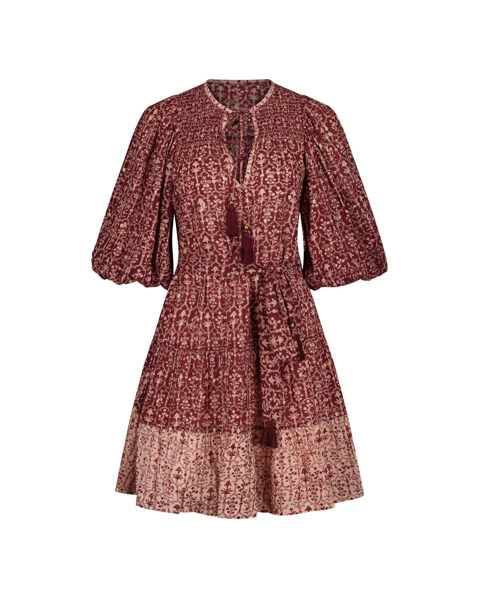 Lakoen Emile Short dress in soft printed cotton, in rose pink & merlot hues, with delicate gold lurex embroidered dots - slow fashion - hand-crafted - ethically made