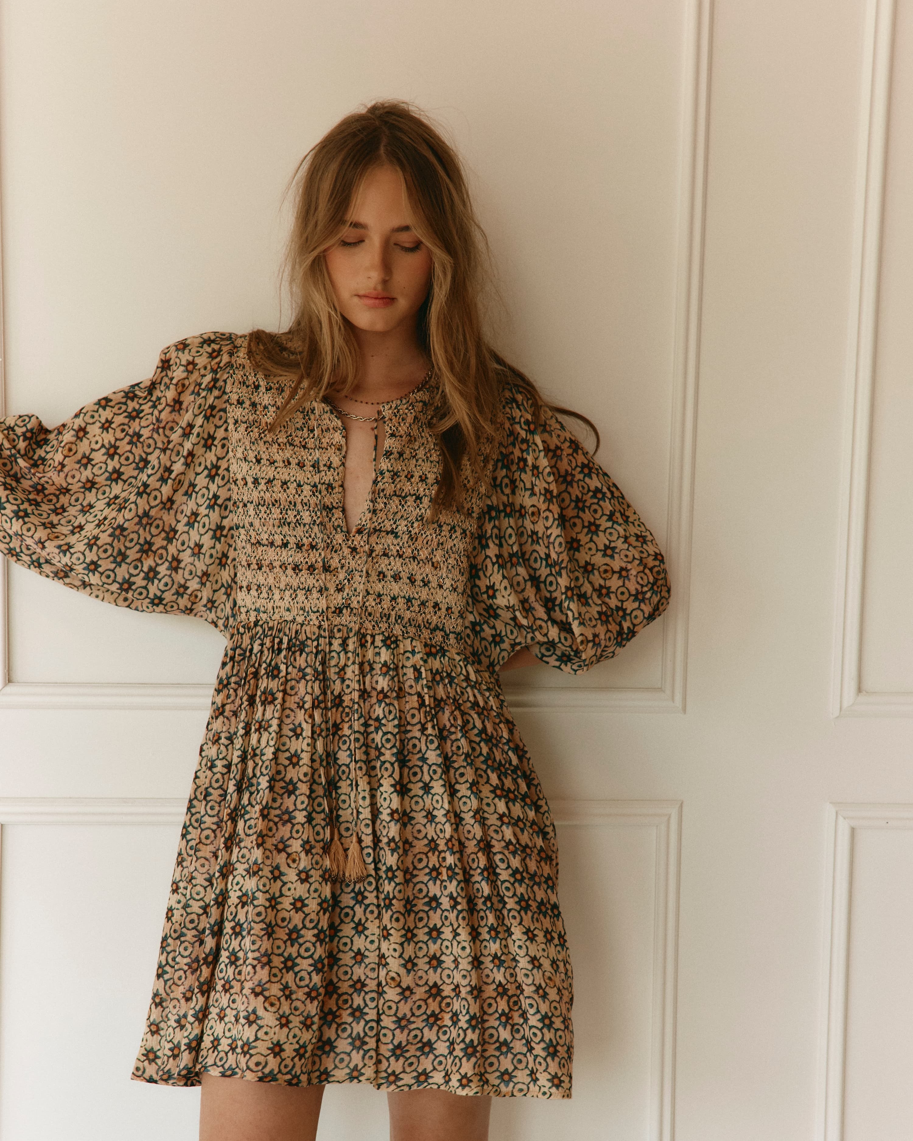 Lakoen Laurent Mini Dress In odyssey print fine cotton with full sleeve and gathered skirt