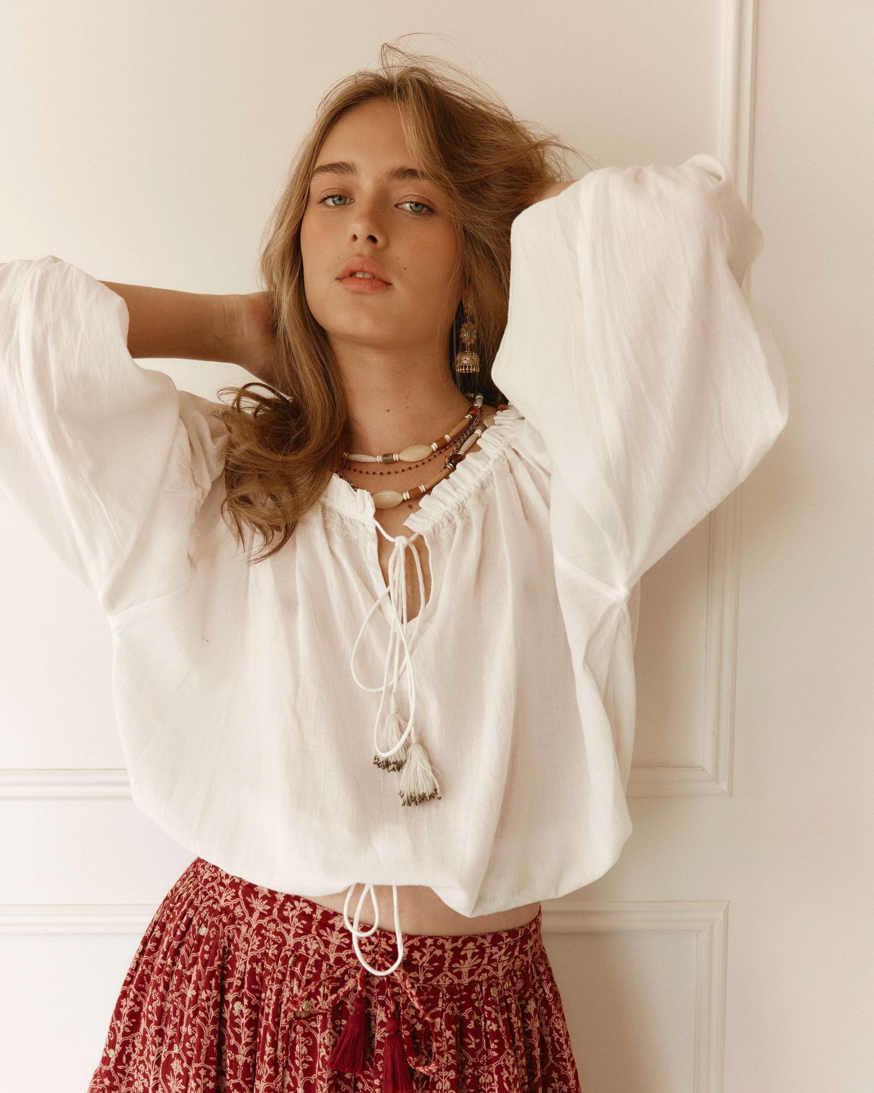 Lakoen Emory Blouse in soft white cotton with drawstring neckline and waist and 3/4 sleeves