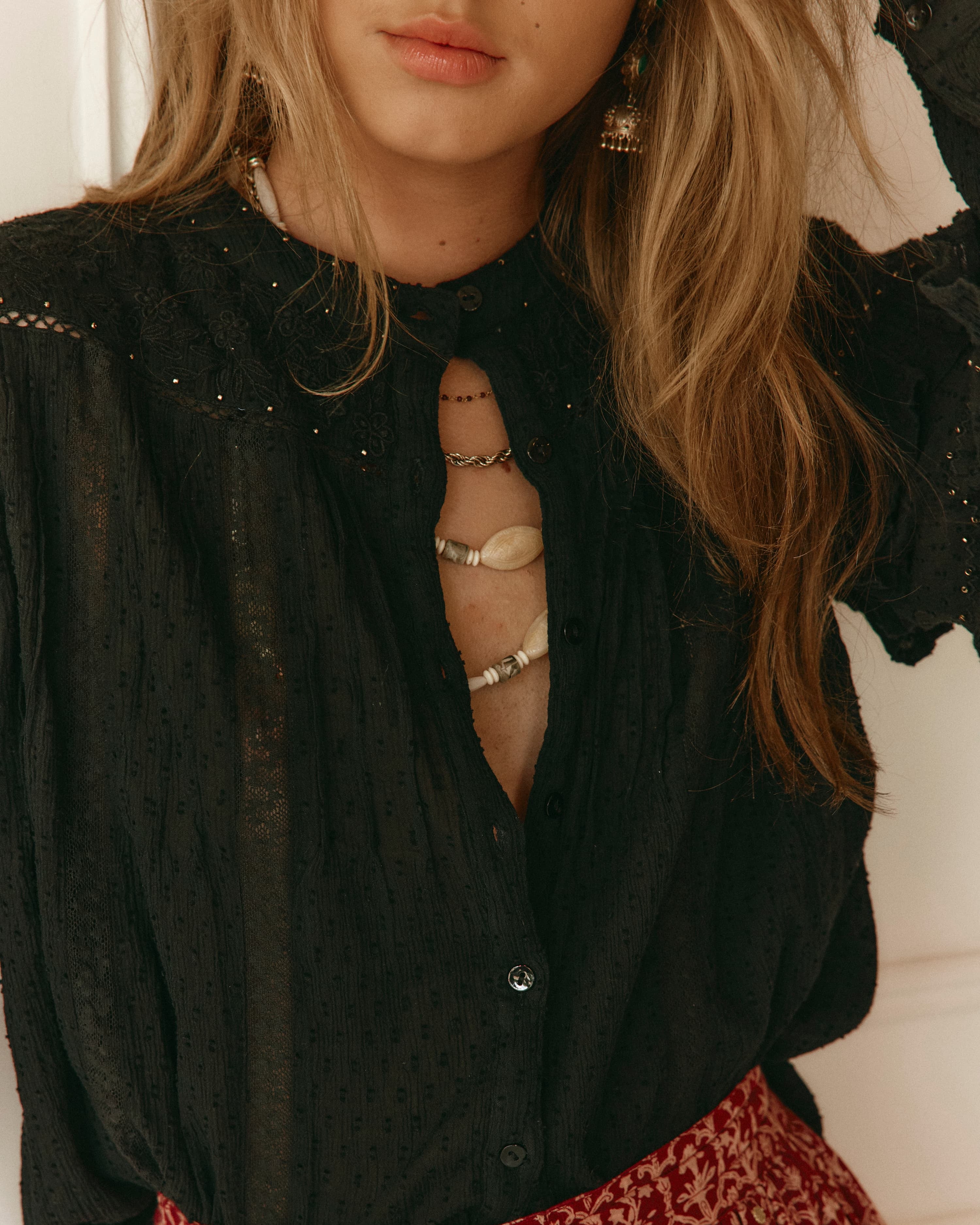 Lakoen Anais Blouse in black soft cotton with lace insets, ruffled bishop sleeves, shirring and tonal embroidery