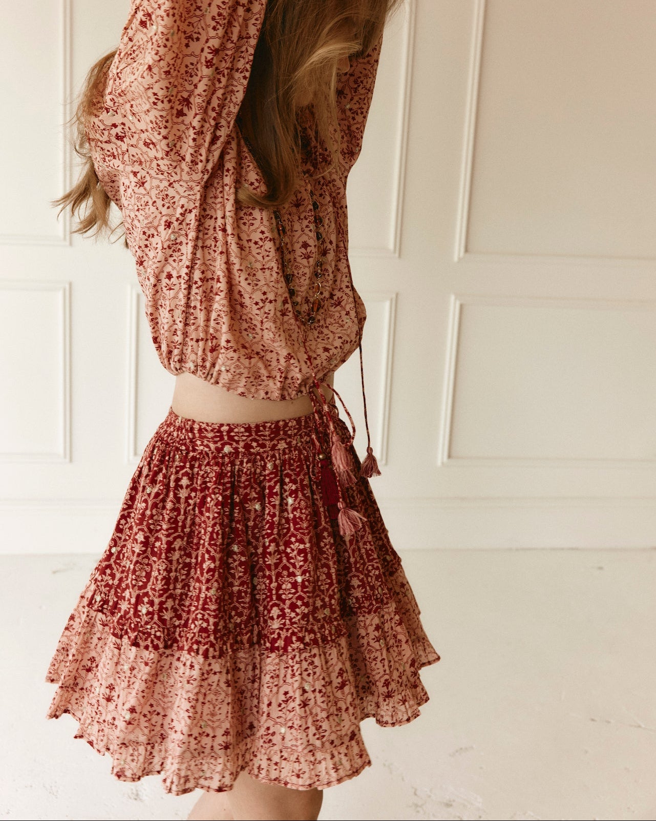 lakoen soft cotton Emile matching set with tiered mini skirt in rose and rich merlot block-inspired print and embroidered gold dots