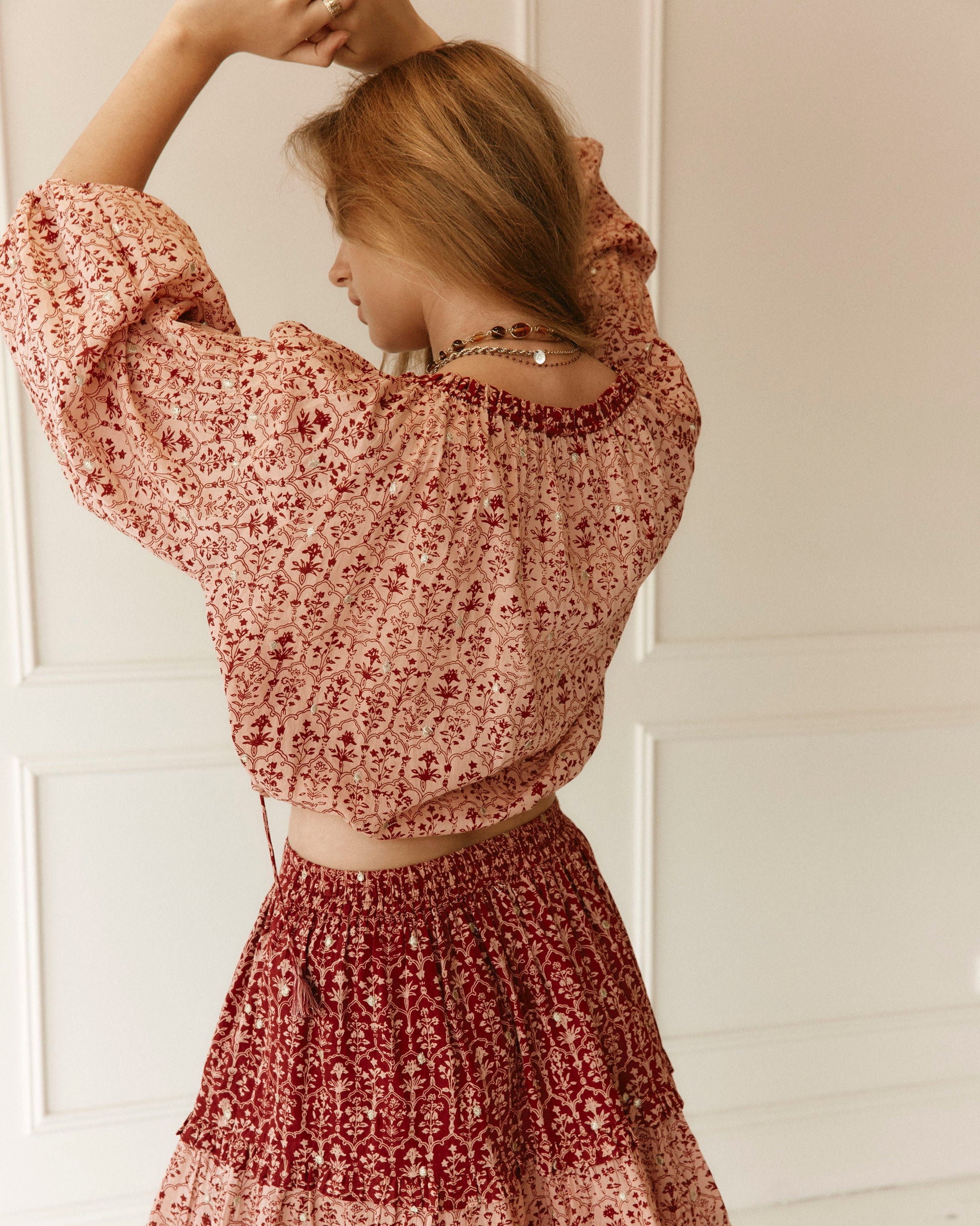Lakoen Emile Peasant Blouse in printed cotton in rose pink & Burgundy hues with delicate gold lurex embroidered dots - slow fashion - hand-crafted - ethically made