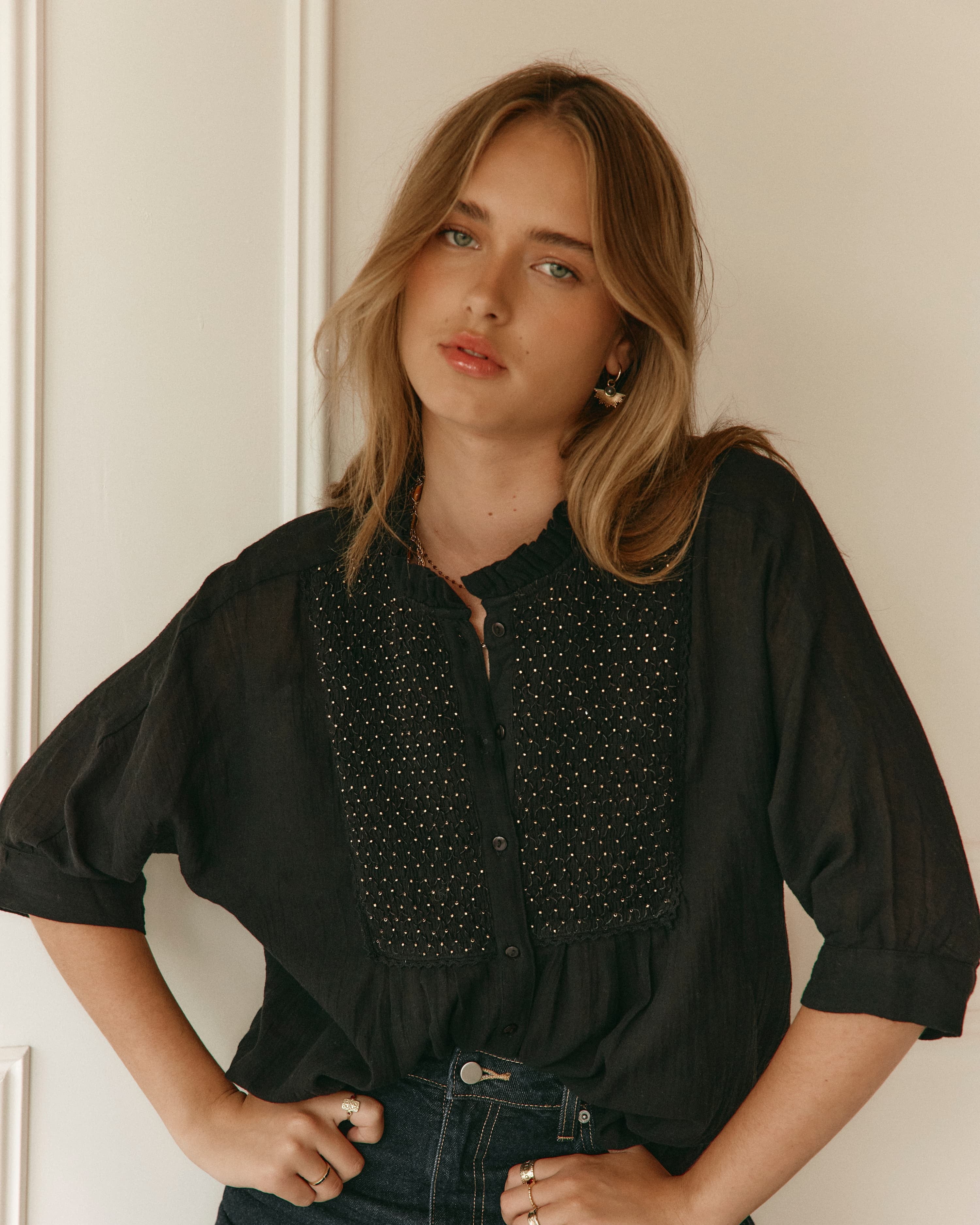 Lakoen Yuki Blouse in Black smocked cotton with gold delicate hand-beading