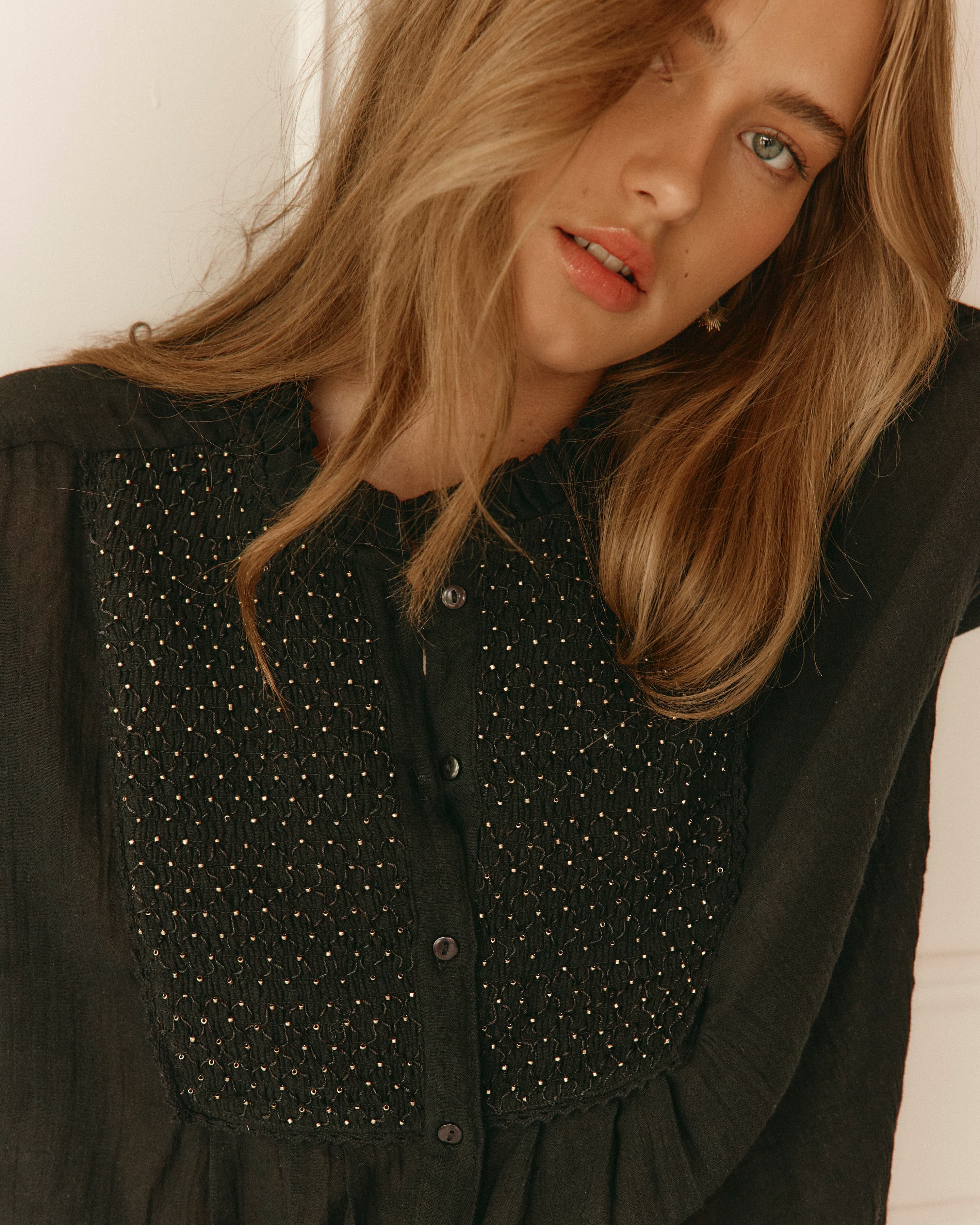 Lakoen Yuki Blouse in Black smocked cotton with gold delicate hand-beading