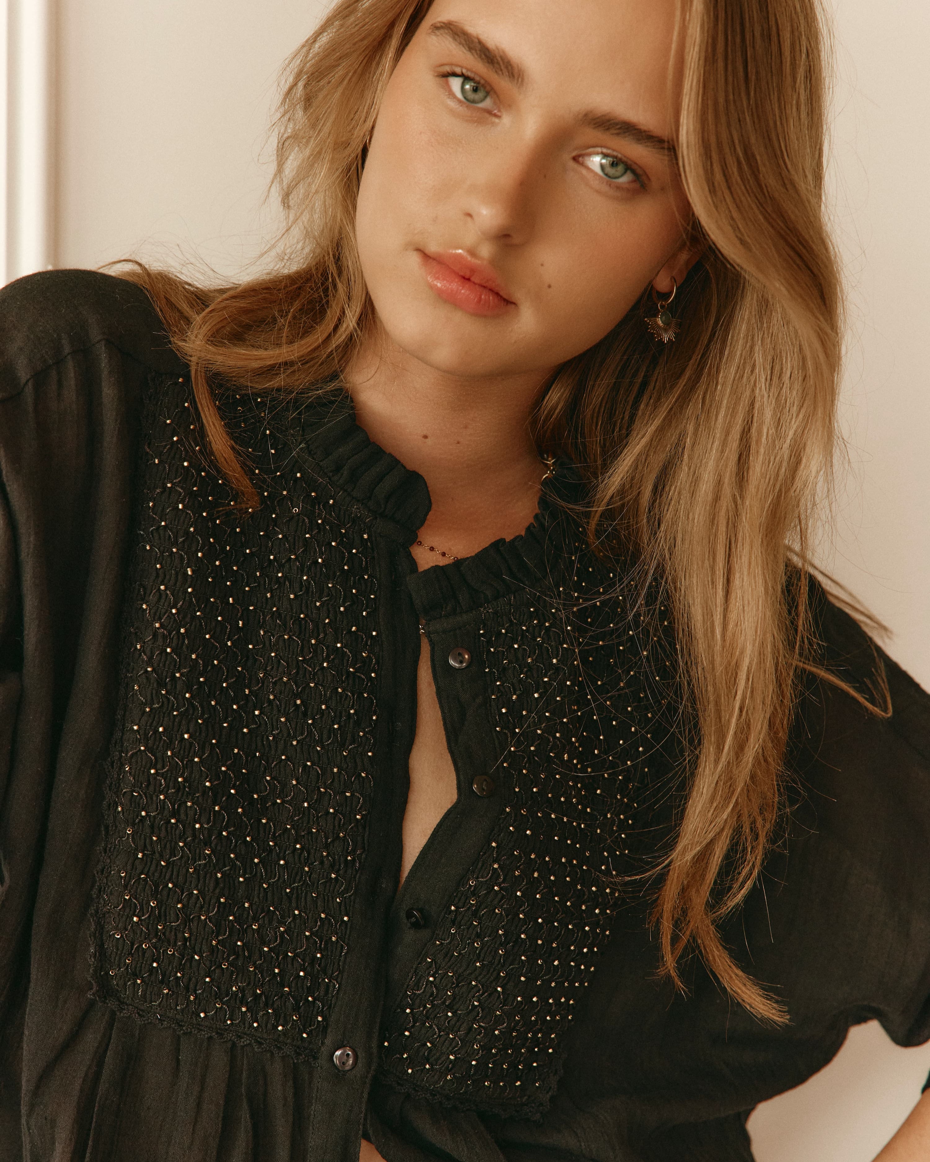 Lakoen Yuki Blouse in Black smocked cotton with gold delicate hand-beading
