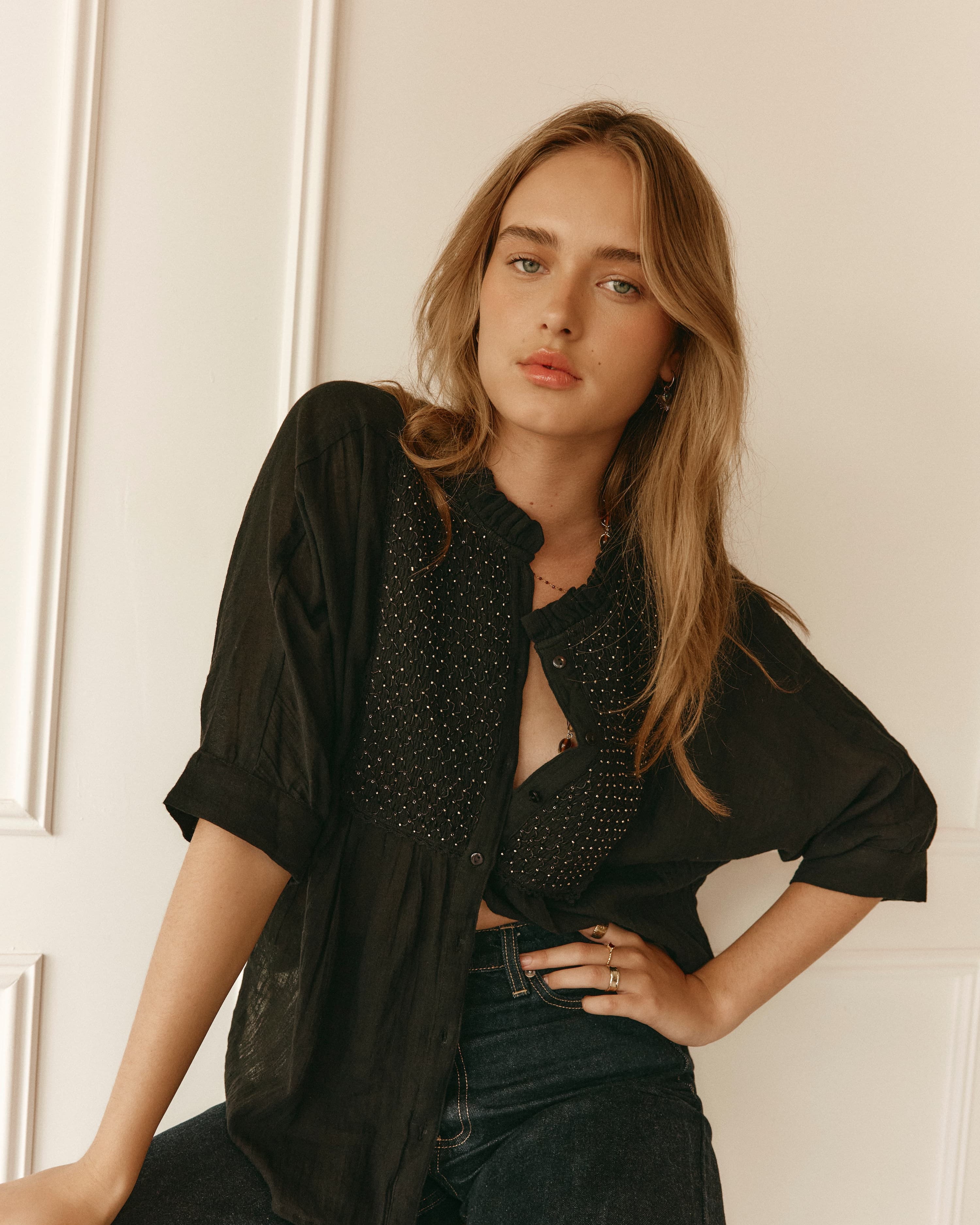 Lakoen Yuki Blouse in Black smocked cotton with gold delicate hand-beading