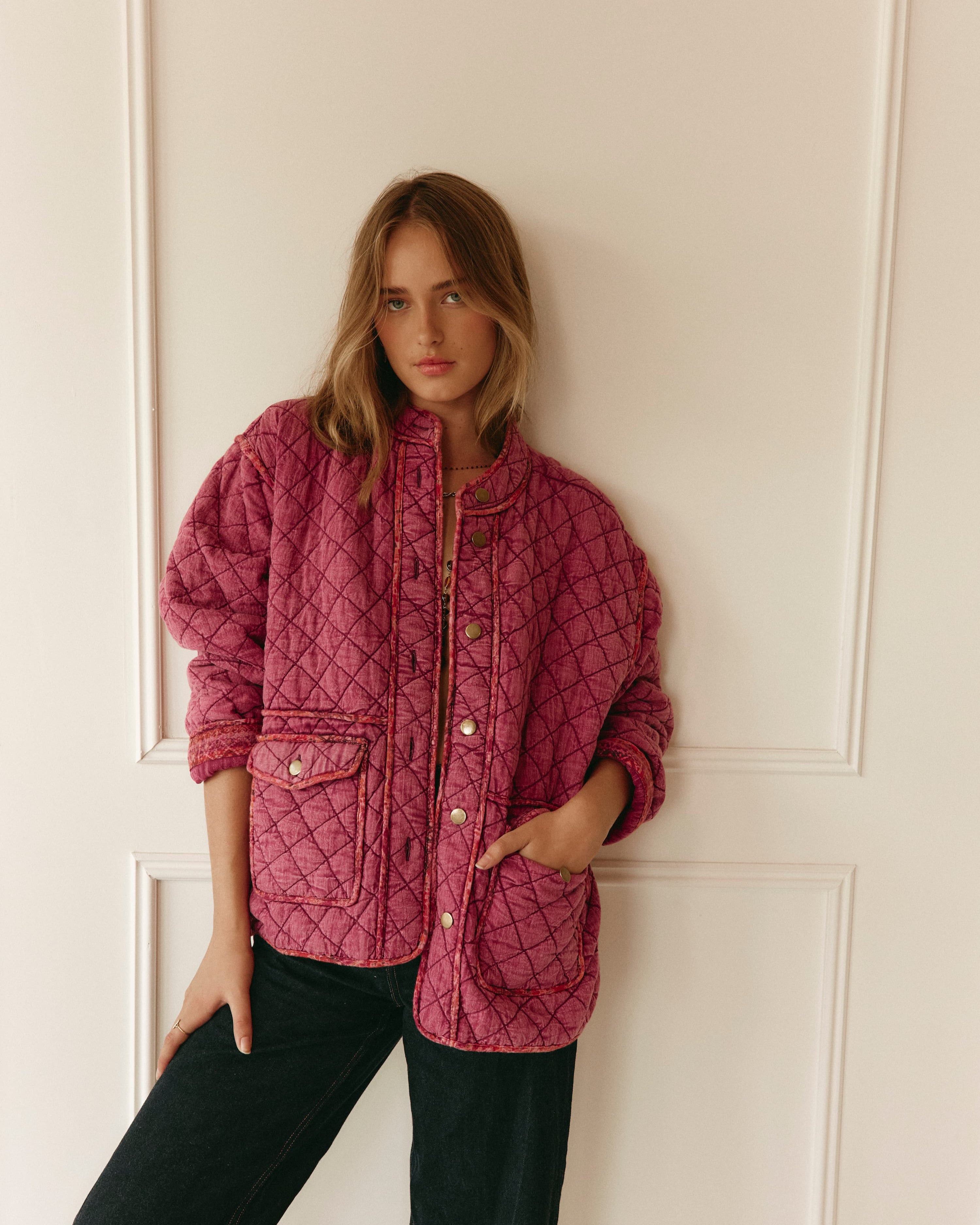 Lakoen Frankie jacket in quilted fushia cotton with brass buttons