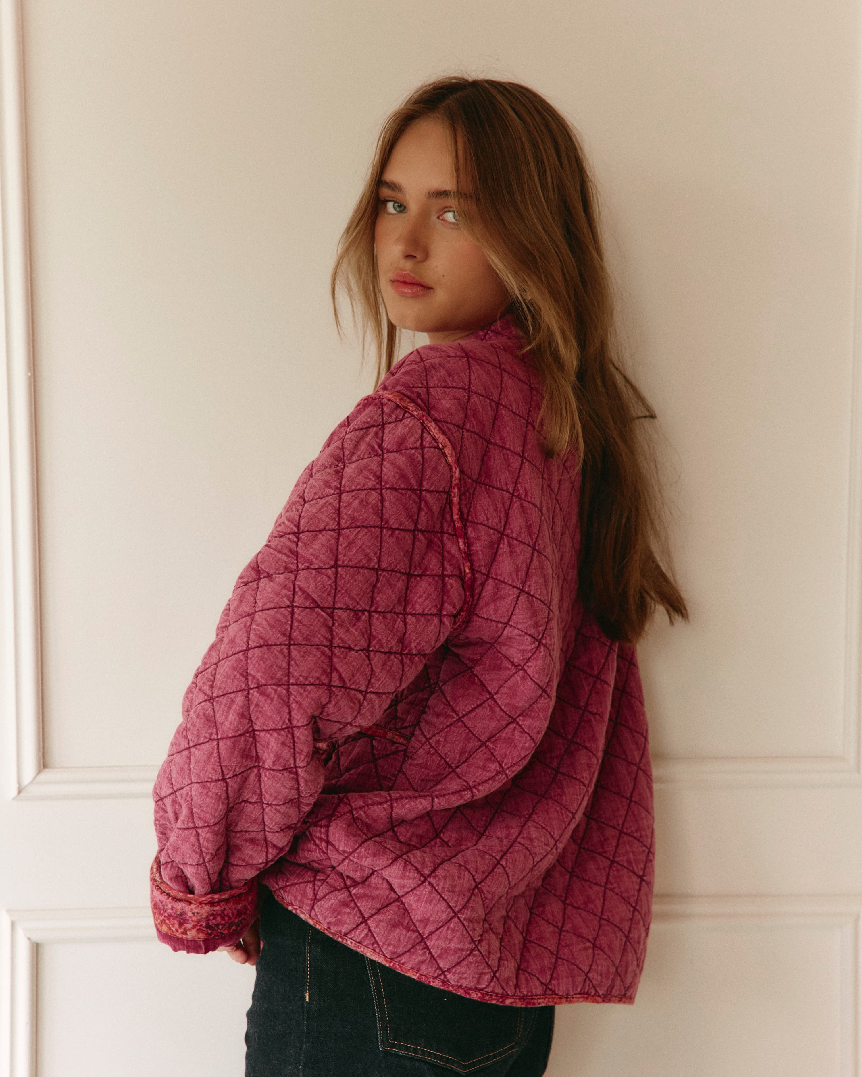Lakoen Frankie jacket in quilted fushia cotton with brass buttons