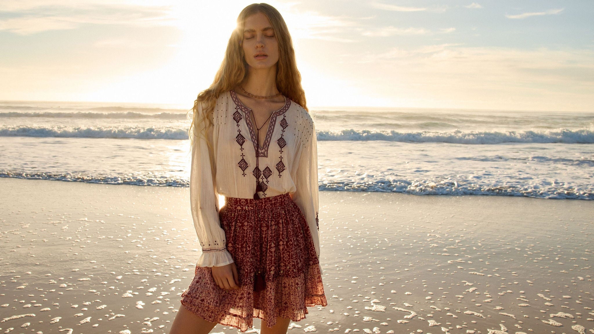 Lakoen Somi Blouse in white cotton with burgundy embroidery and hand-beaded shirring detail