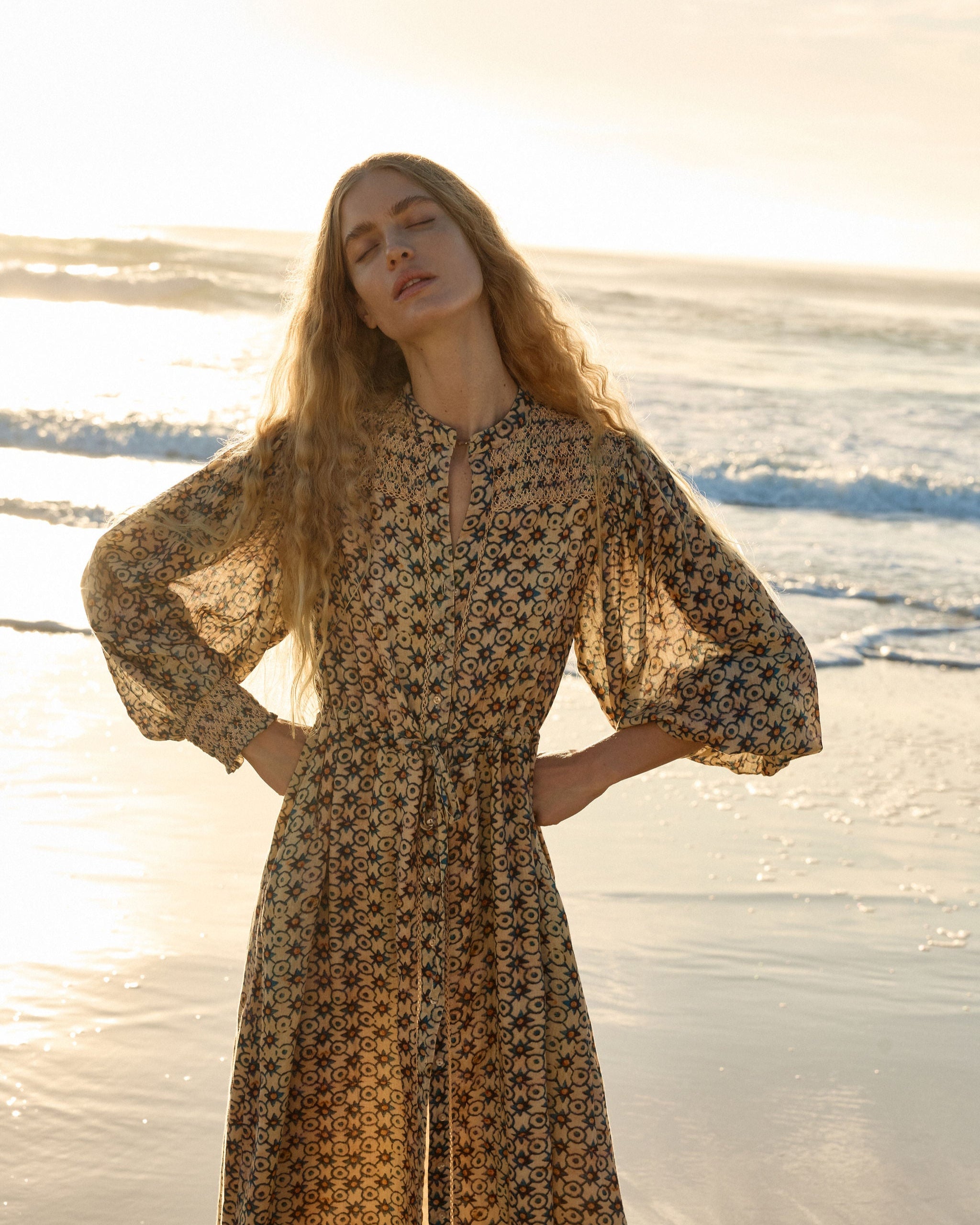 Lakoen Laurent shirtdress in odyseey star print cotton with full bishop sleeves and adjustable waist