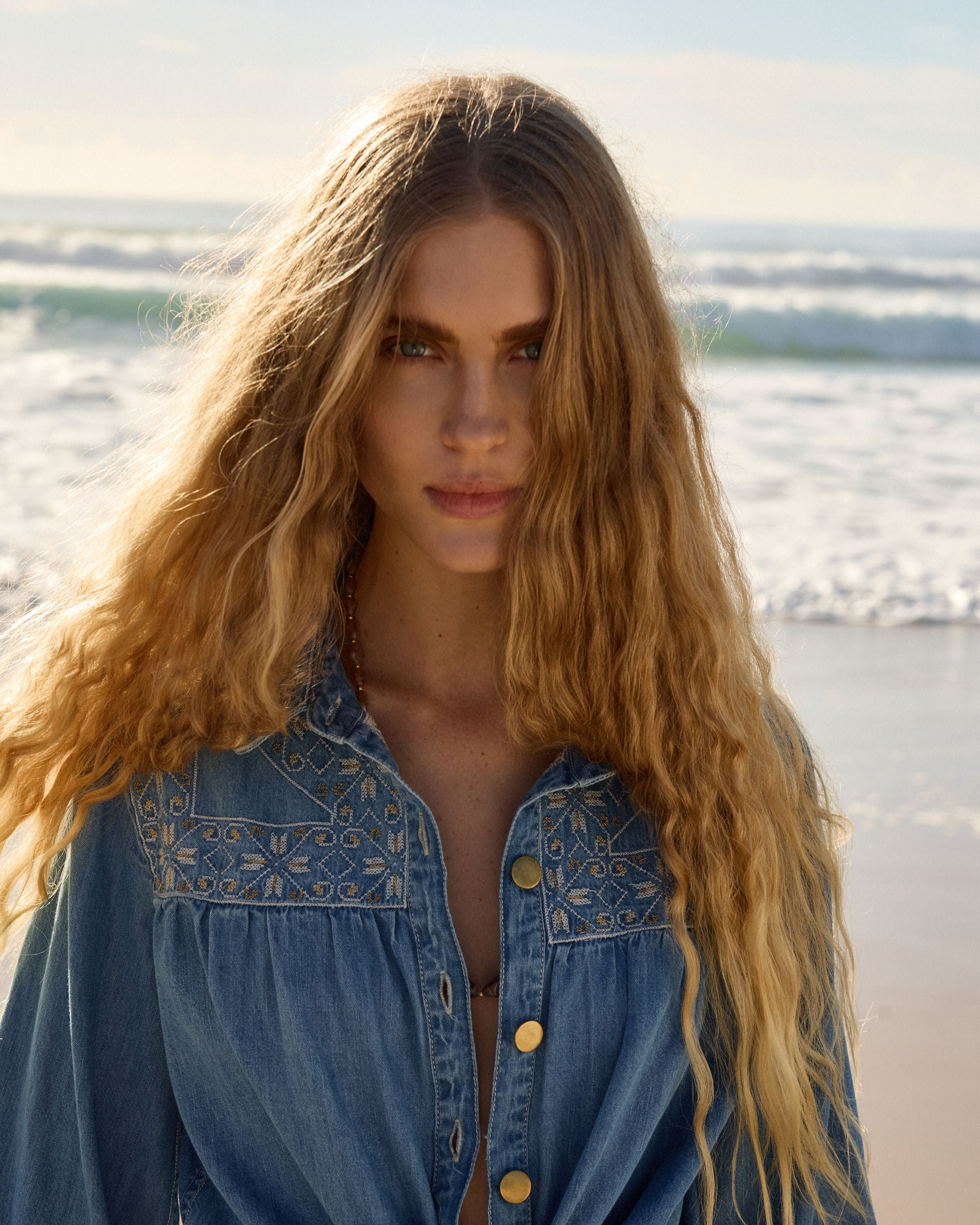 Lakoen denim dahlia blouse with embroidered yoke and brass buttons