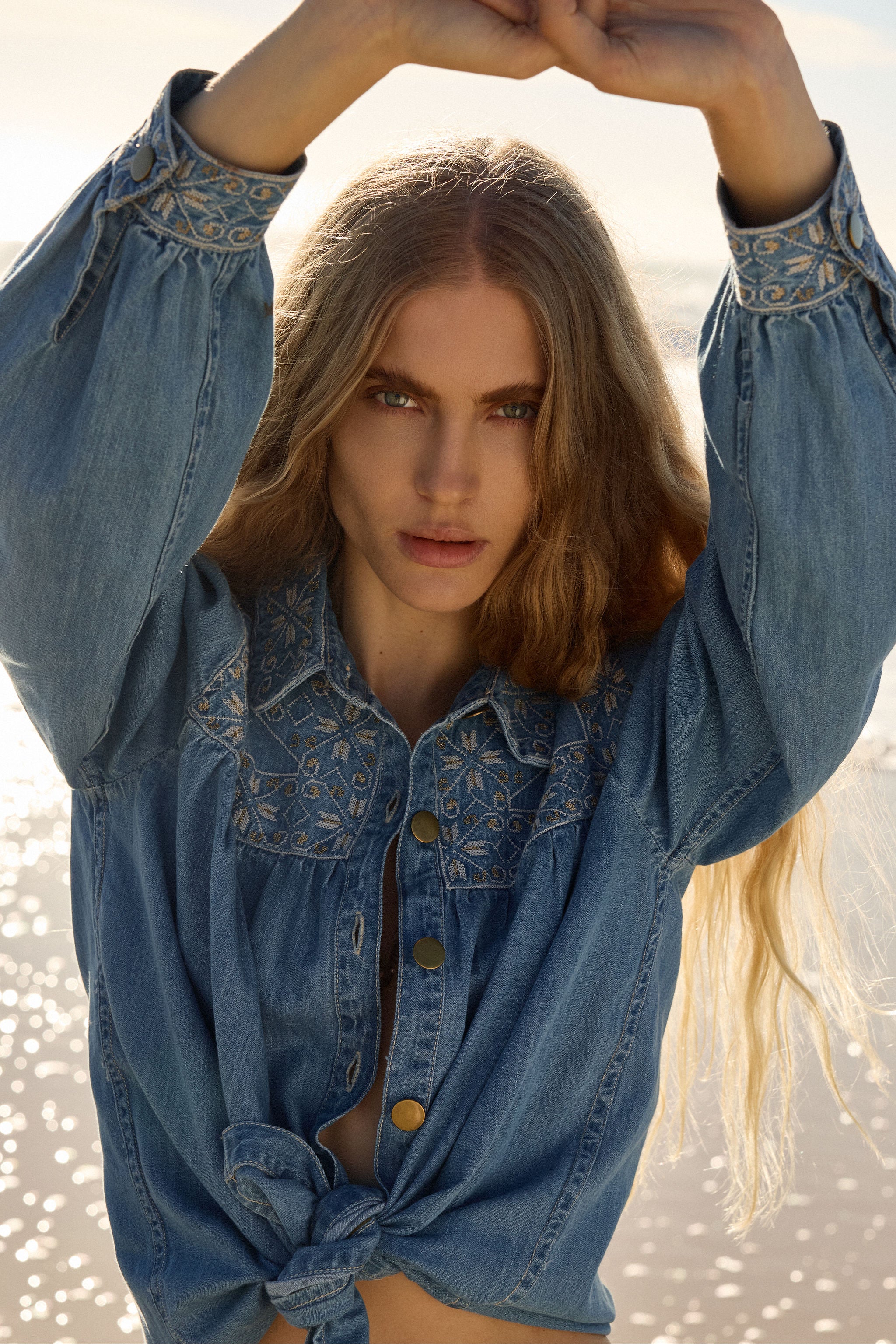 Lakoen denim dahlia blouse with embroidered yoke and brass buttons