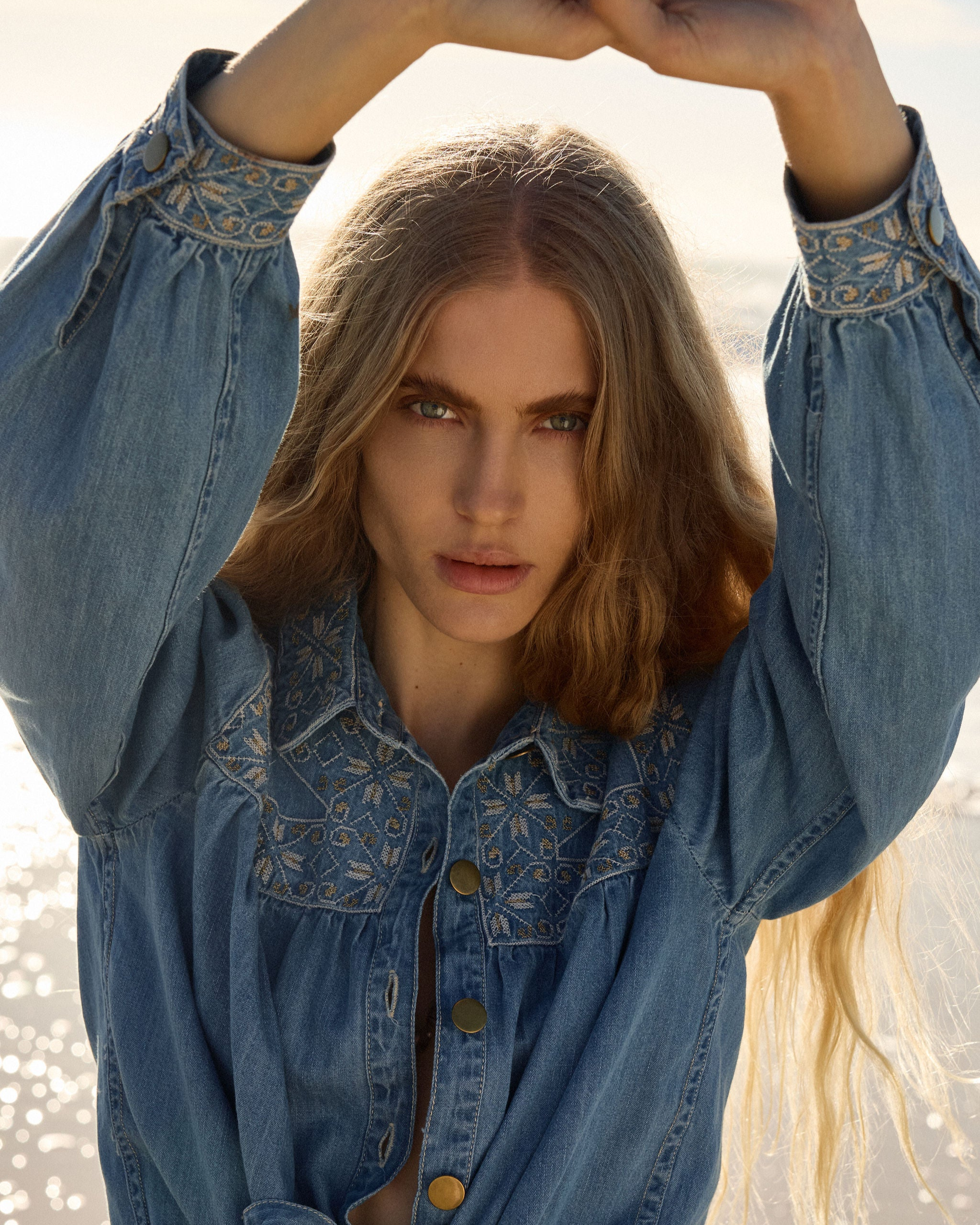 Lakoen denim dahlia blouse with embroidered yoke and brass buttons
